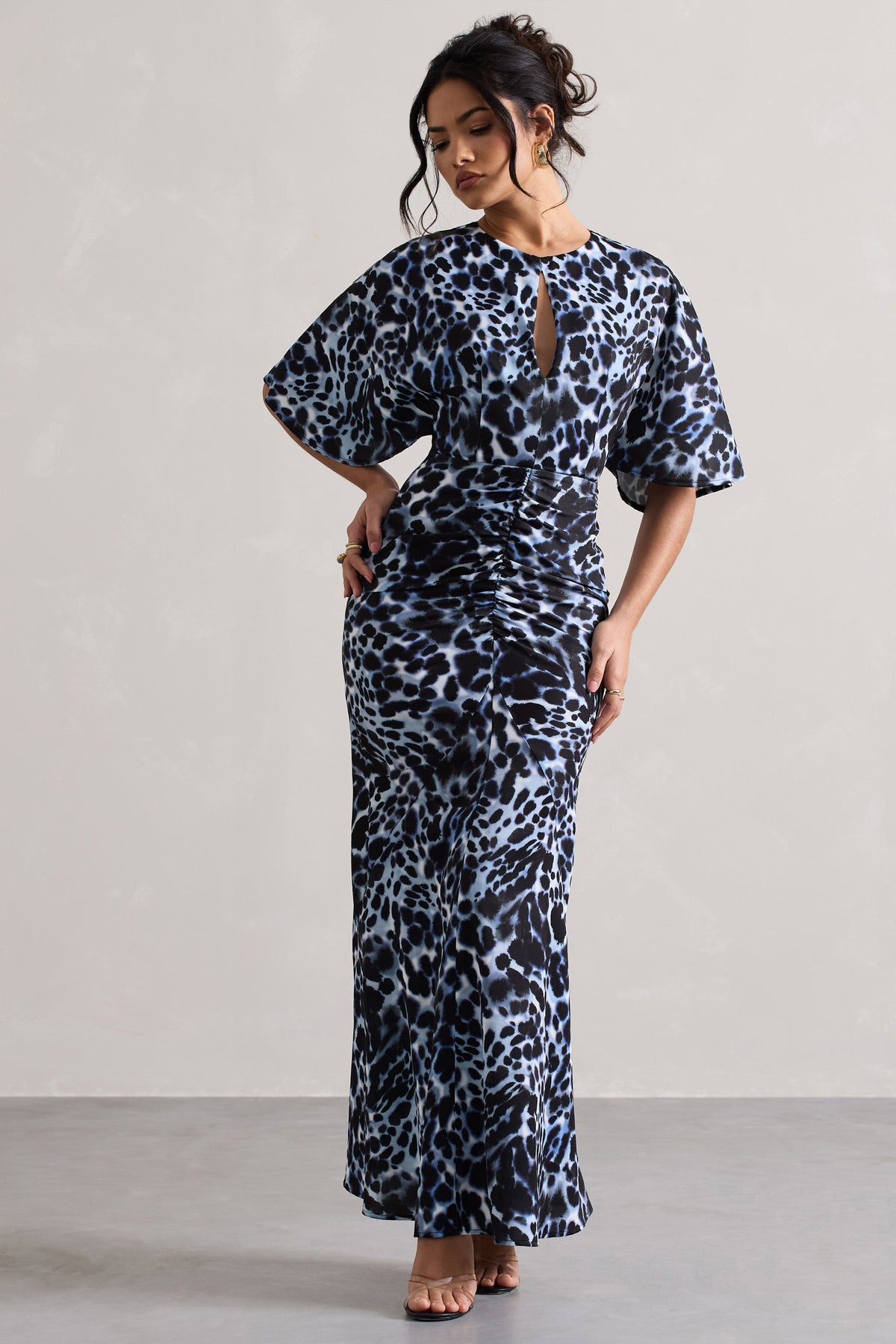 Elidy | Dieren Print Gerimpeld Maxi Jurk Met Fladder Mouw En Uitsnijding Detail