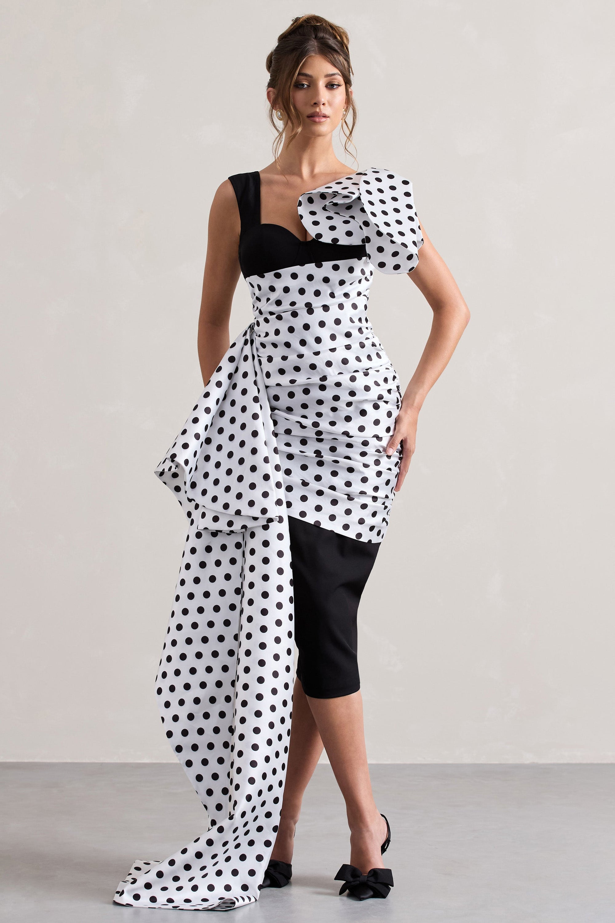Unattainable | Zwarte Stippen Print Overslag Midi Jurk Volumineuze Drapering