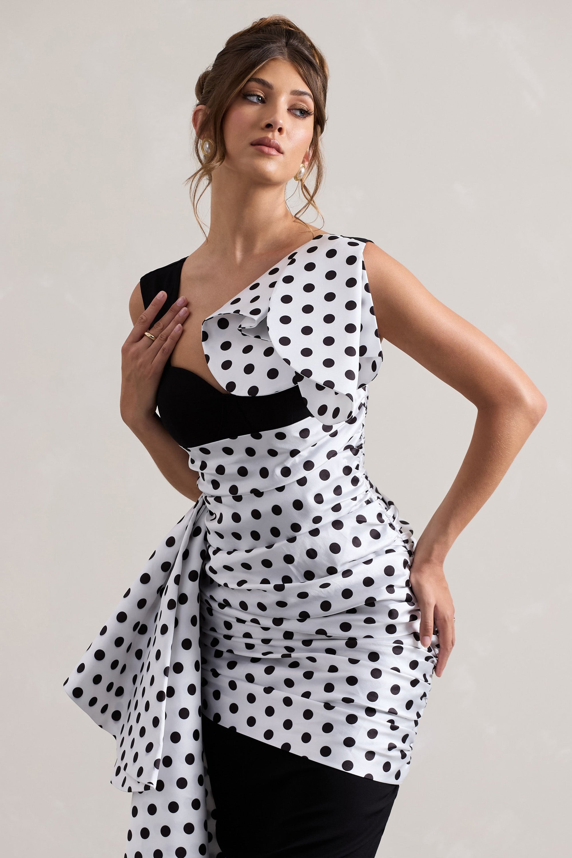 Unattainable | Zwarte Stippen Print Overslag Midi Jurk Volumineuze Drapering