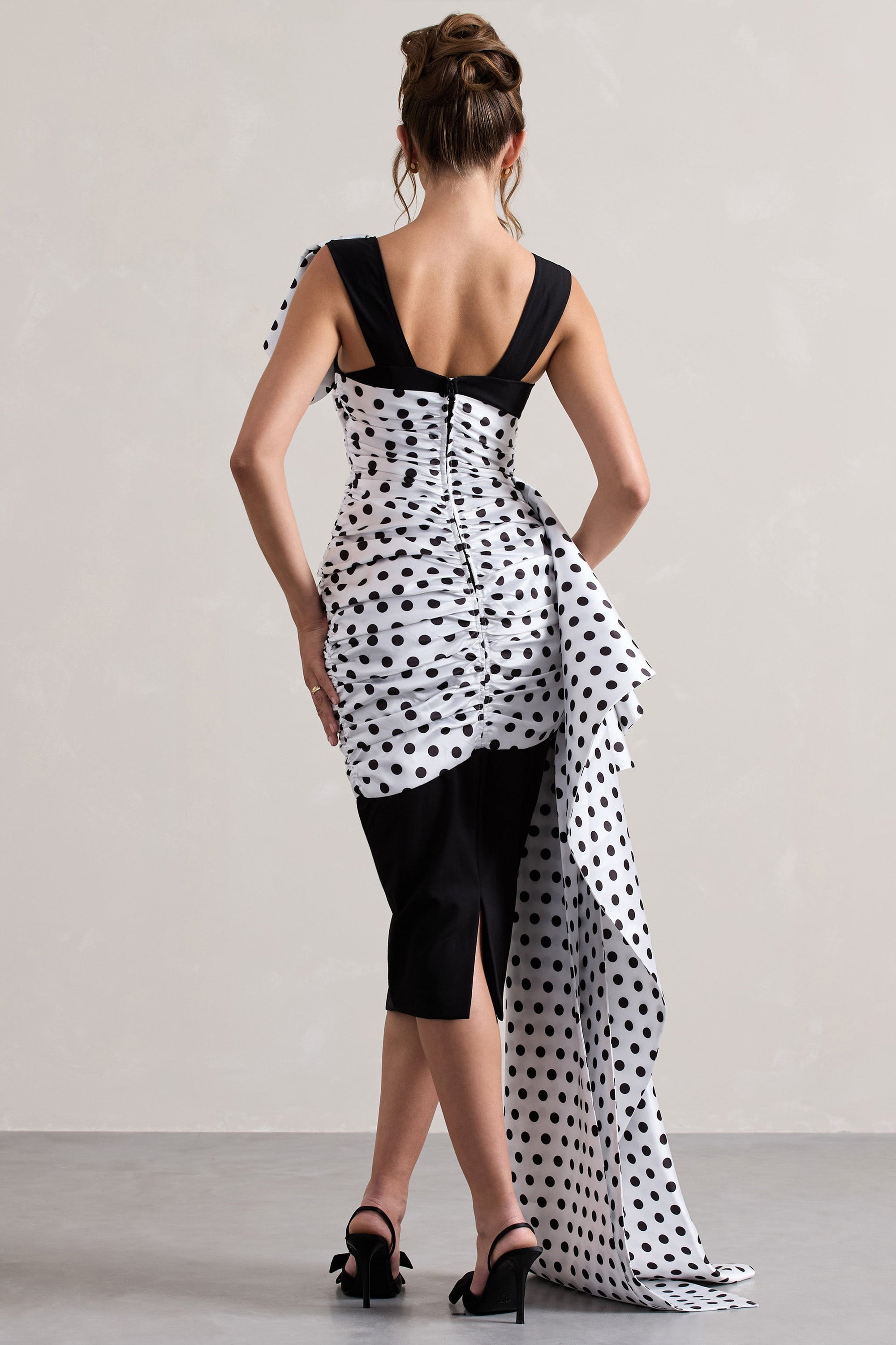 Unattainable | Zwarte Stippen Print Overslag Midi Jurk Volumineuze Drapering