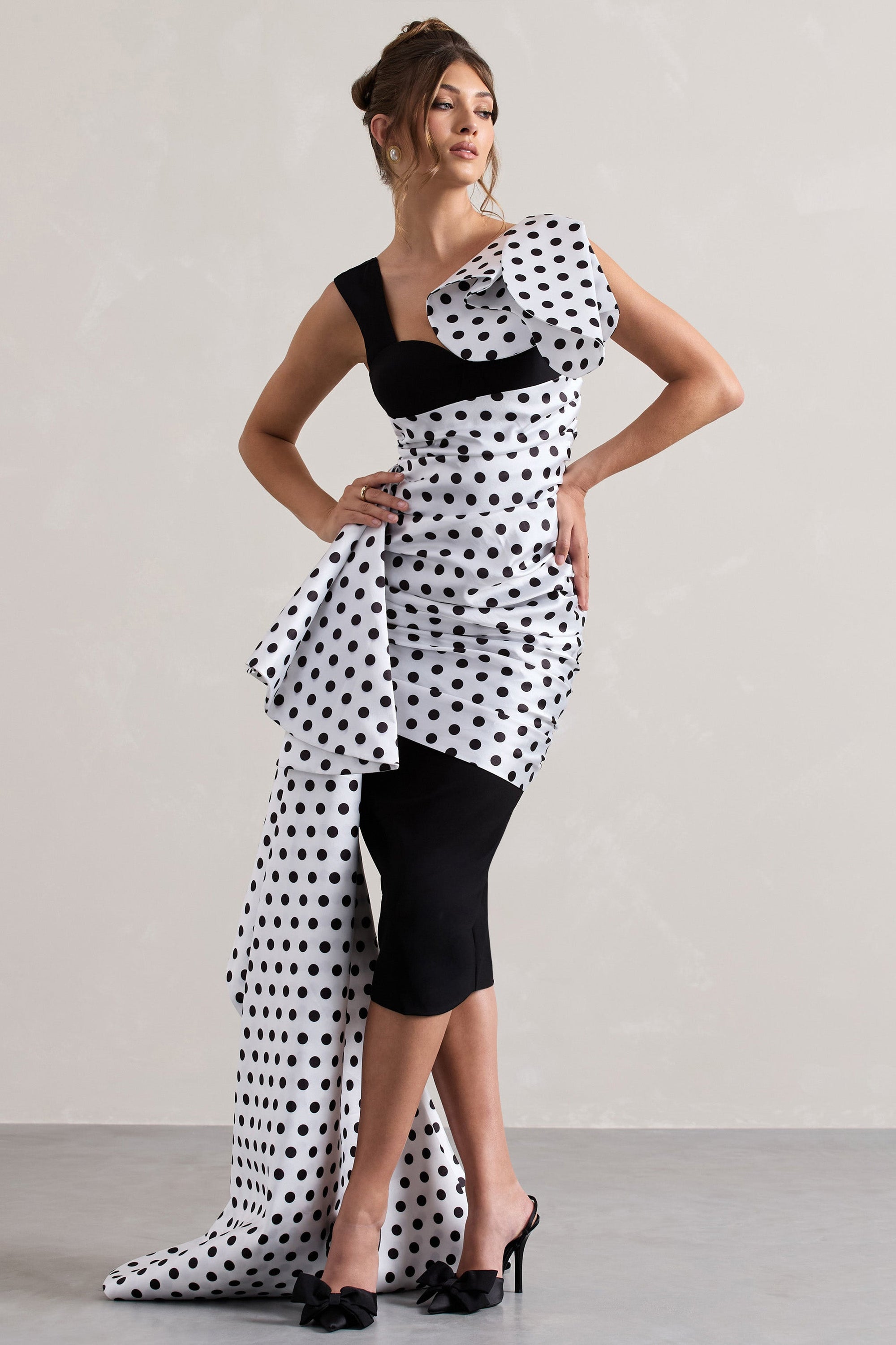 Unattainable | Zwarte Stippen Print Overslag Midi Jurk Volumineuze Drapering
