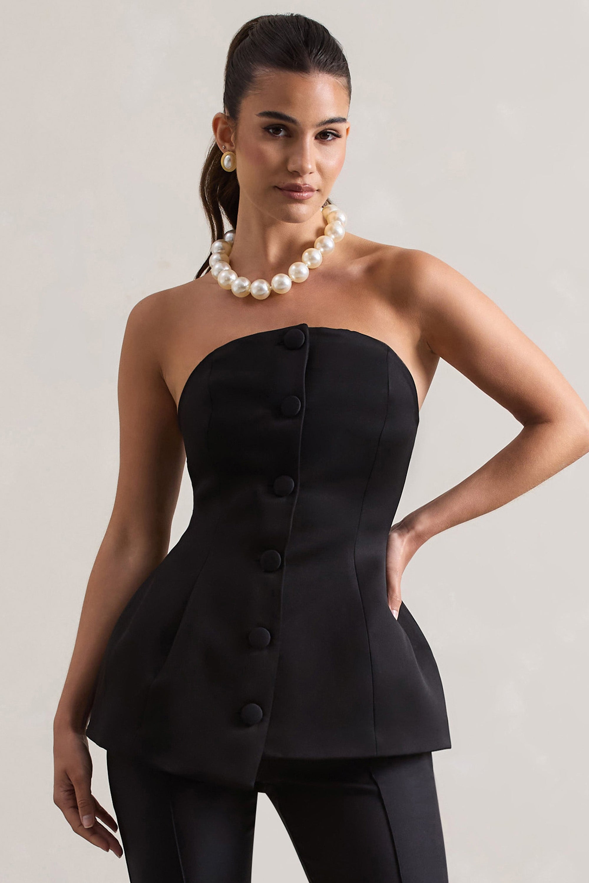 Century | Zwarte Satijnen Strapless Korset Top Met Voorzijde Knopen
