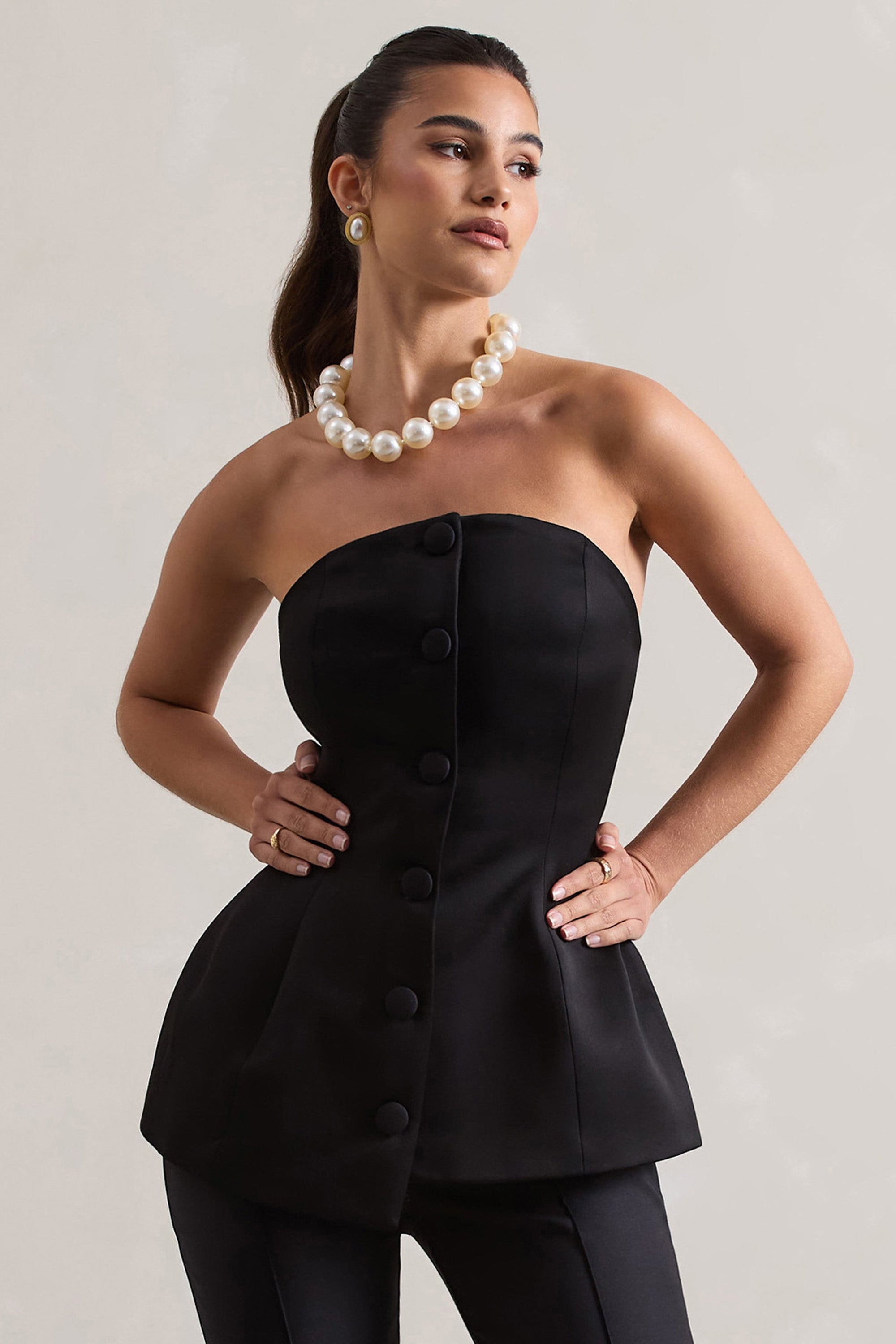 Century | Zwarte Satijnen Strapless Korset Top Met Voorzijde Knopen