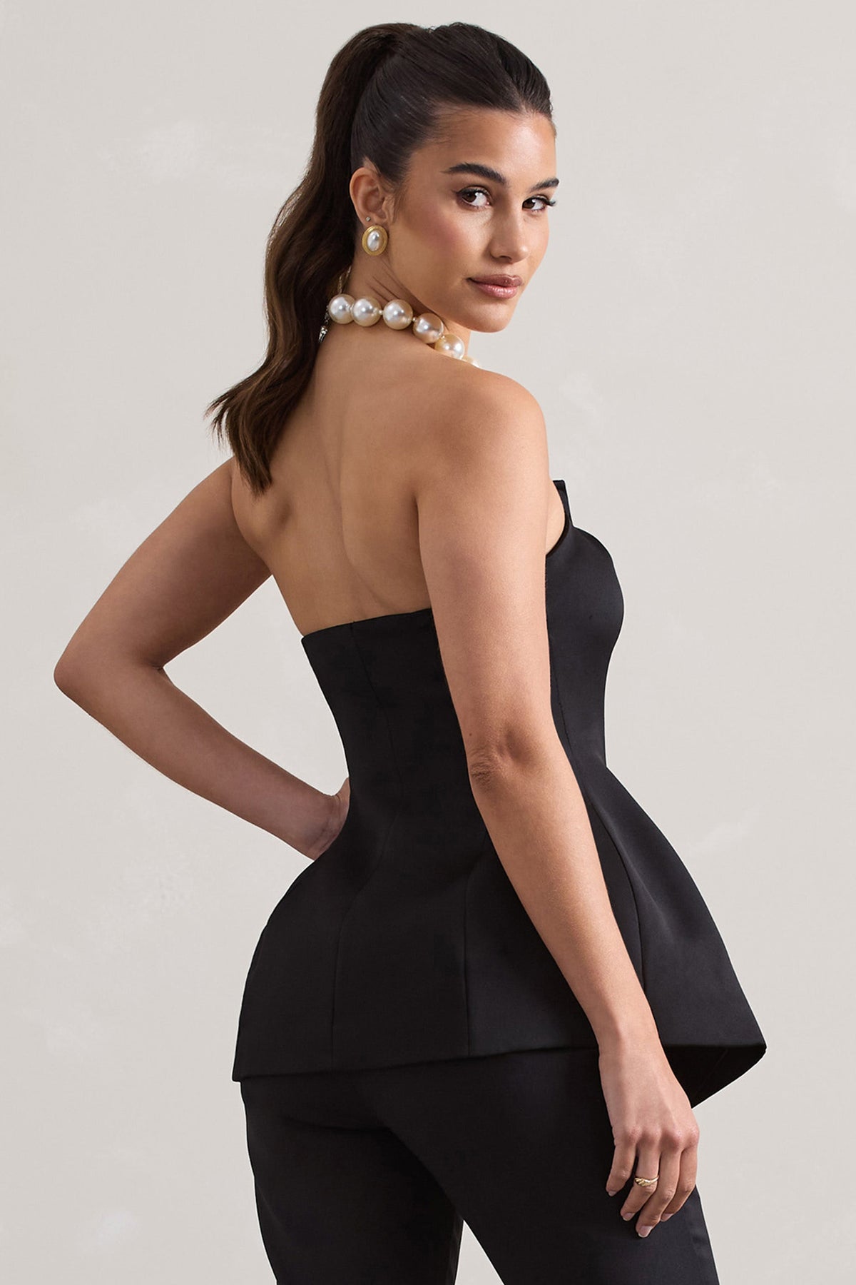 Century | Zwarte Satijnen Strapless Korset Top Met Voorzijde Knopen