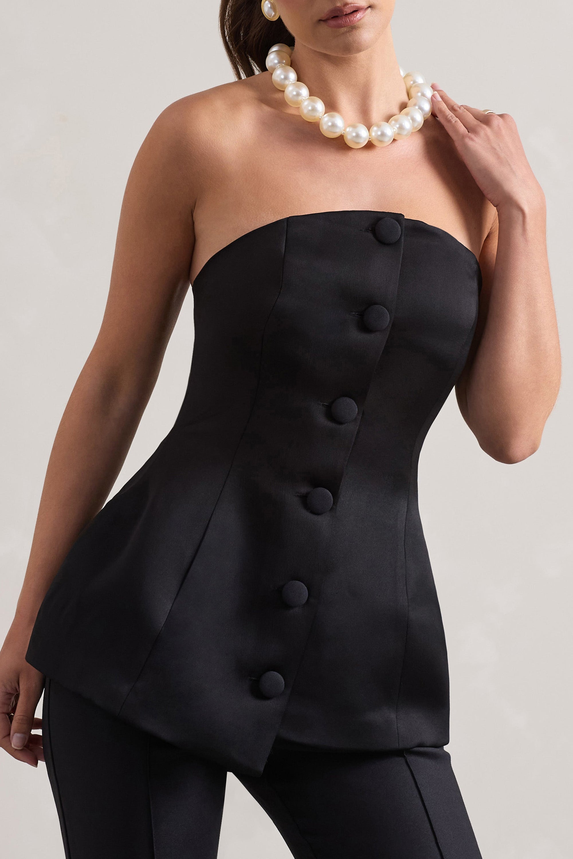 Century | Zwarte Satijnen Strapless Korset Top Met Voorzijde Knopen