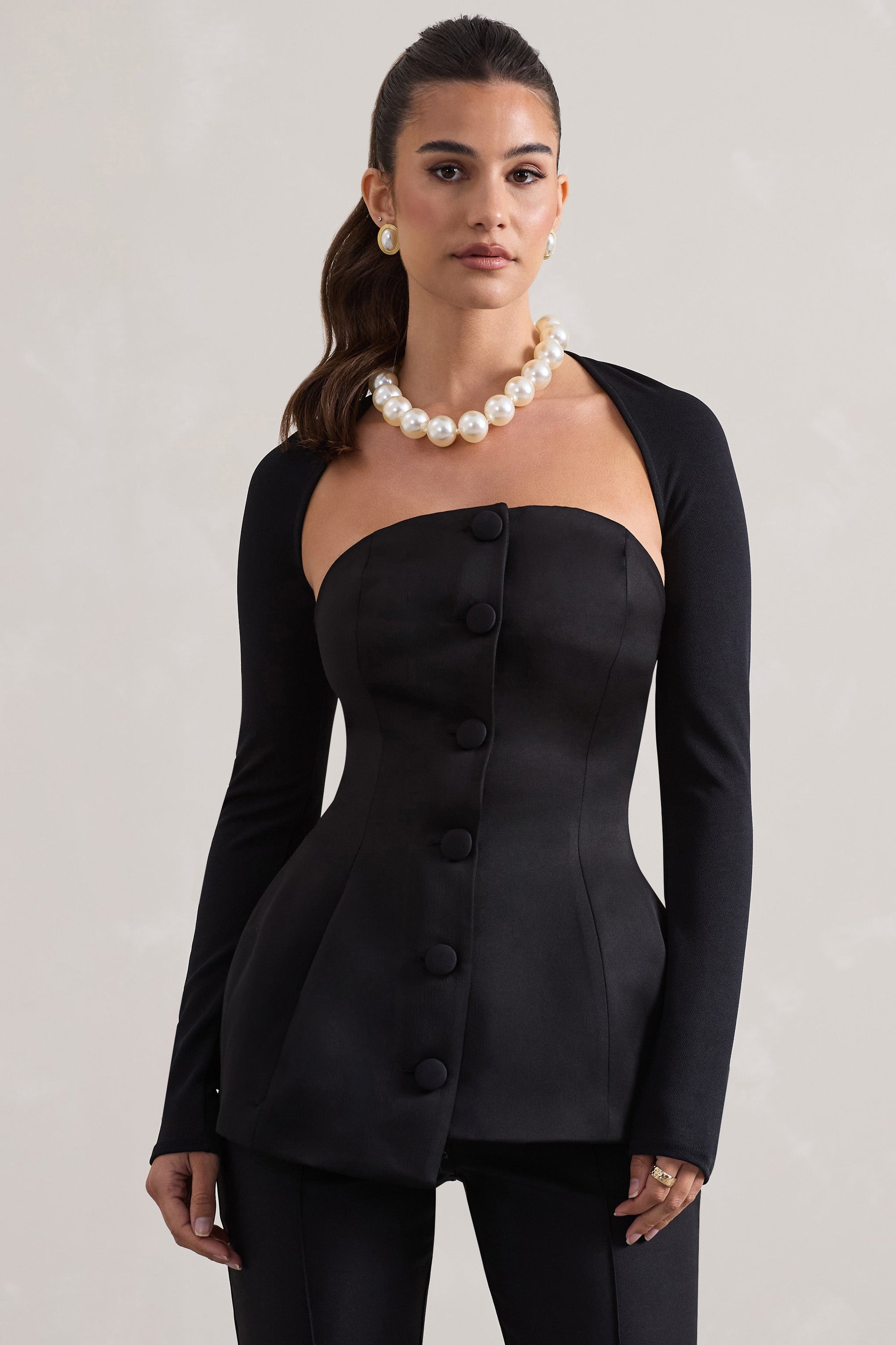 Century | Zwarte Satijnen Strapless Korset Top Met Voorzijde Knopen