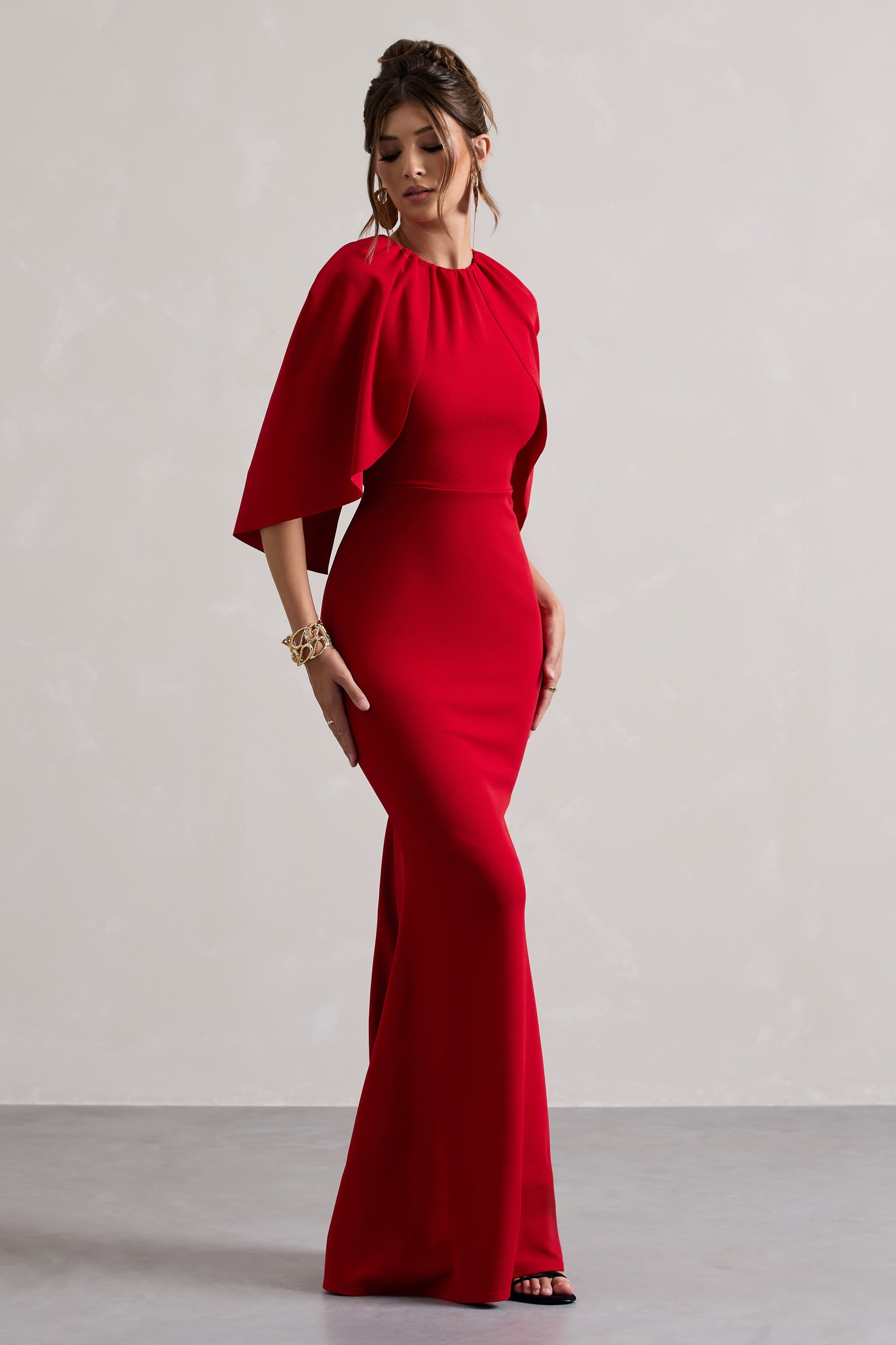 Kianne | Rode Draperend Maxi Jurk Met Kortmouwen