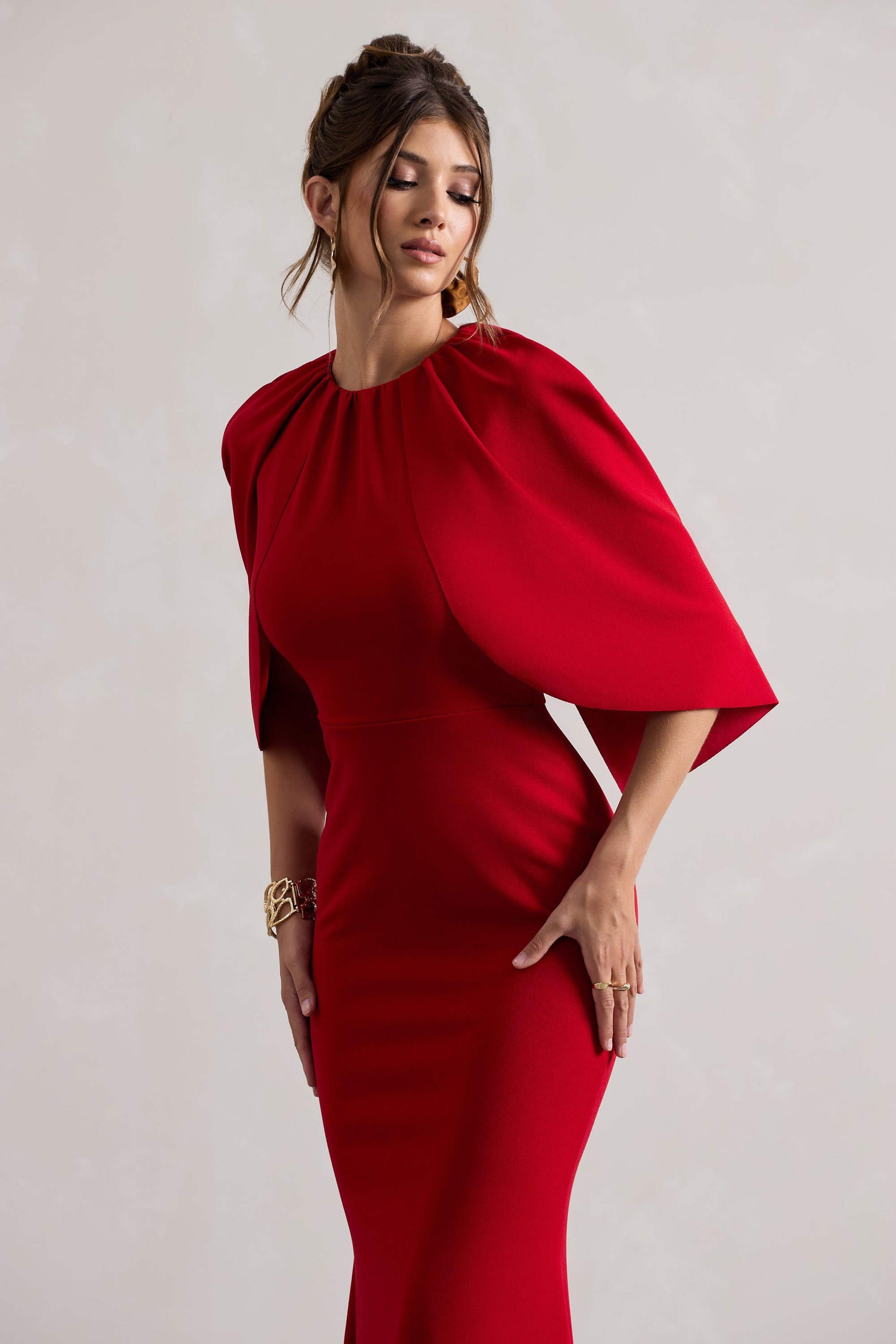Kianne | Rode Draperend Maxi Jurk Met Kortmouwen