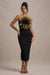 Moya | Zwart En Goude Bodycon Midi Jurk Met Corsage Detail