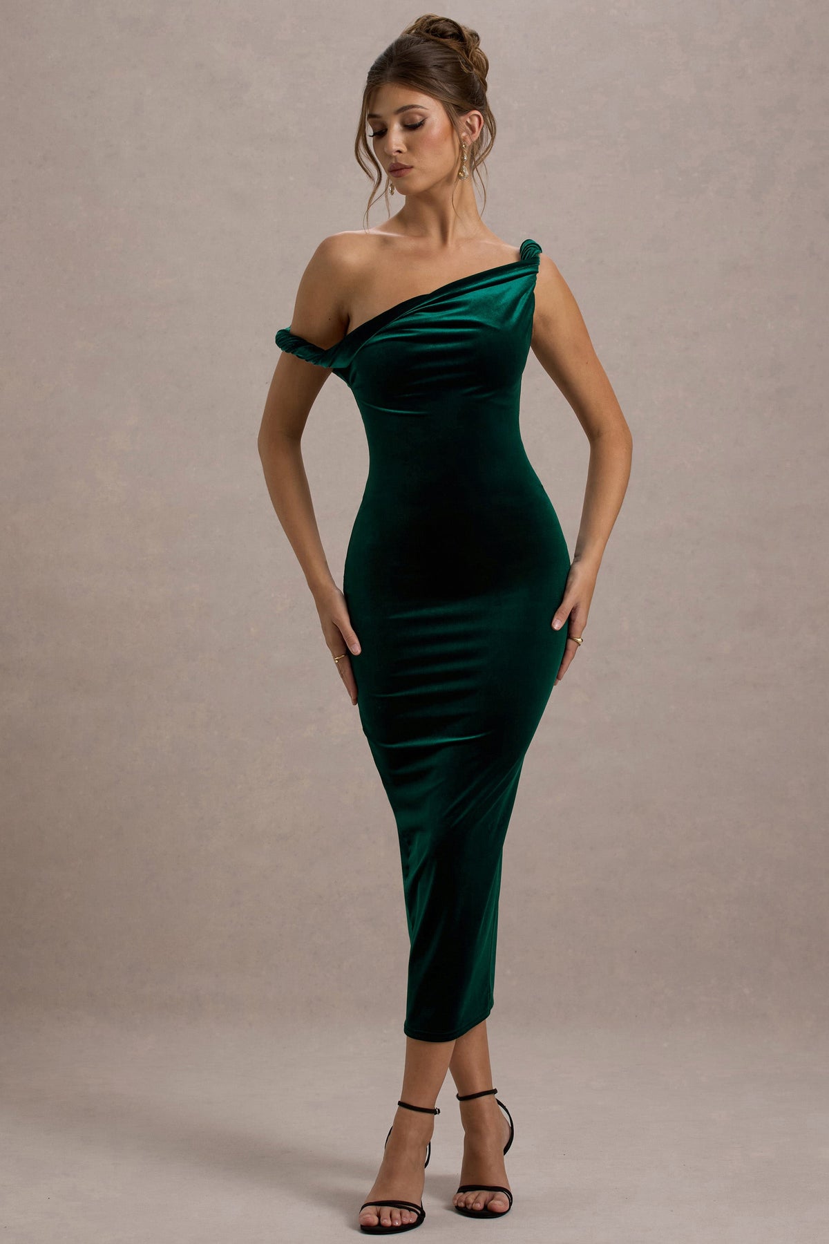 Carella | Flessengroene Fluwelen Gedraaide Asymmetrische Midi Jurk