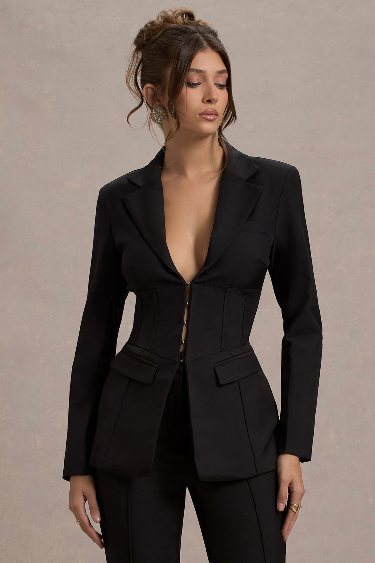 Unbeaten | Zwart Diepe V-Hals Korset Taille Blazer