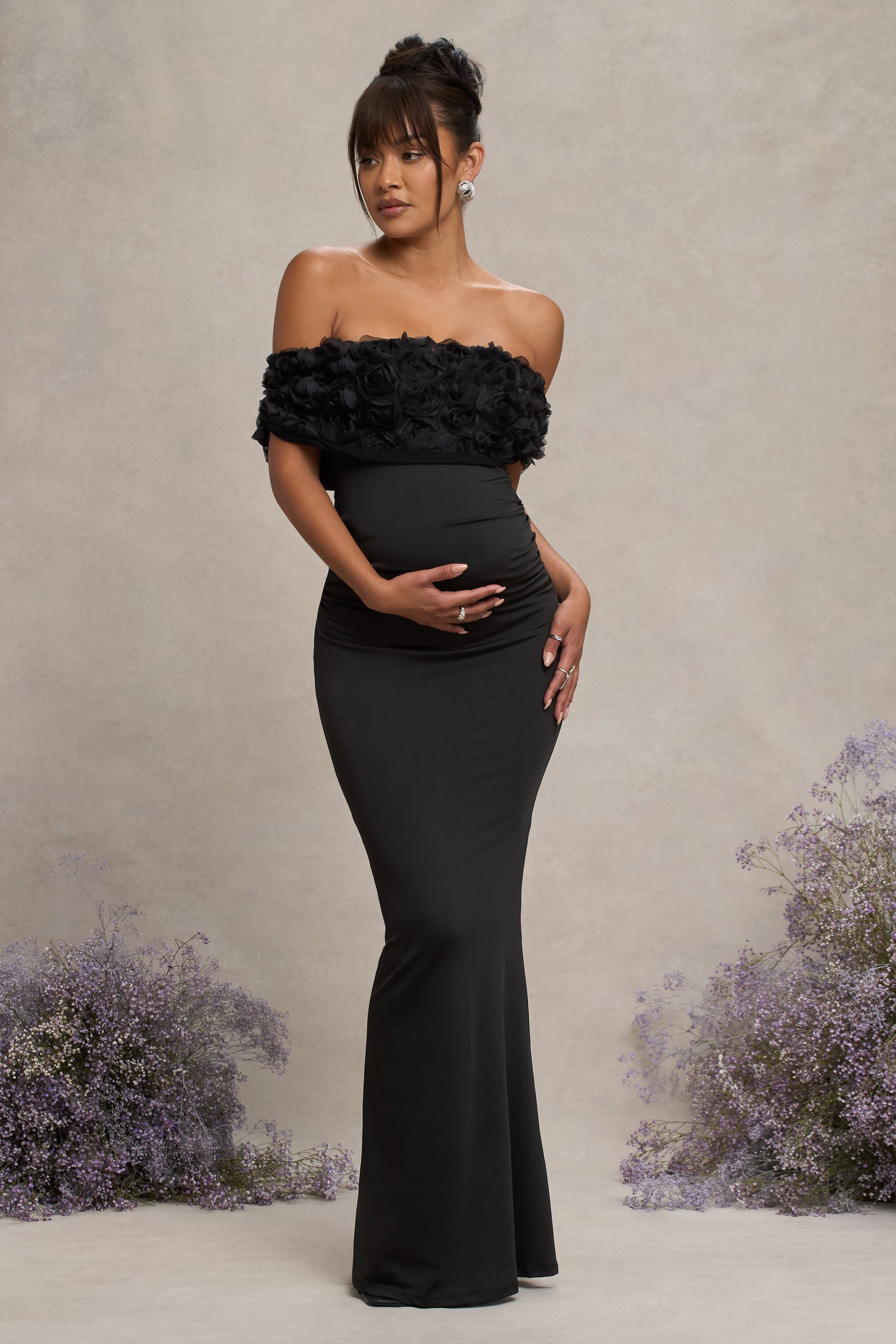Inflorescence | Zwarte Mesh Bloemen Bardot Zwangerschaps Maxi Jurk