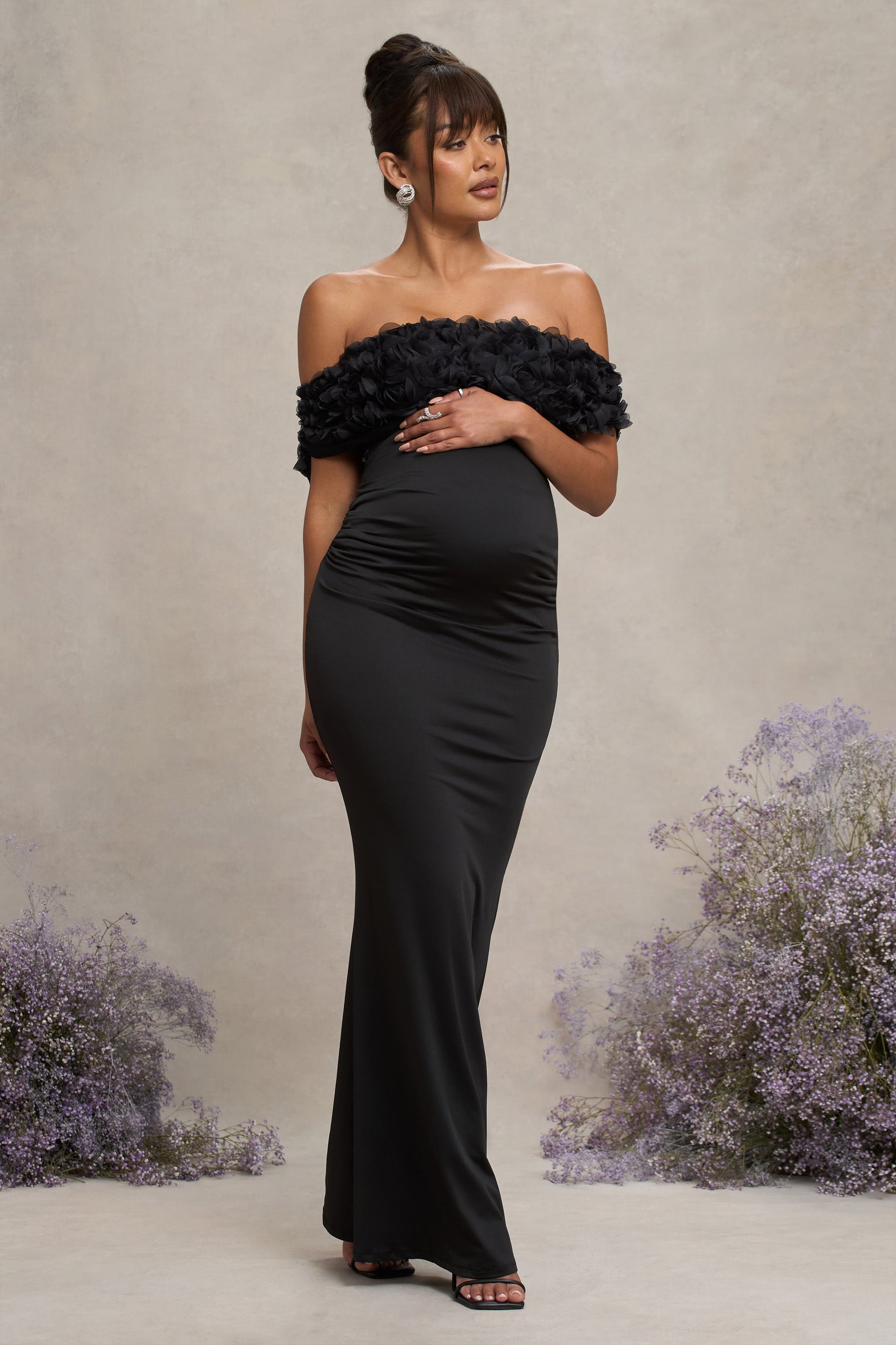 Inflorescence | Zwarte Mesh Bloemen Bardot Zwangerschaps Maxi Jurk