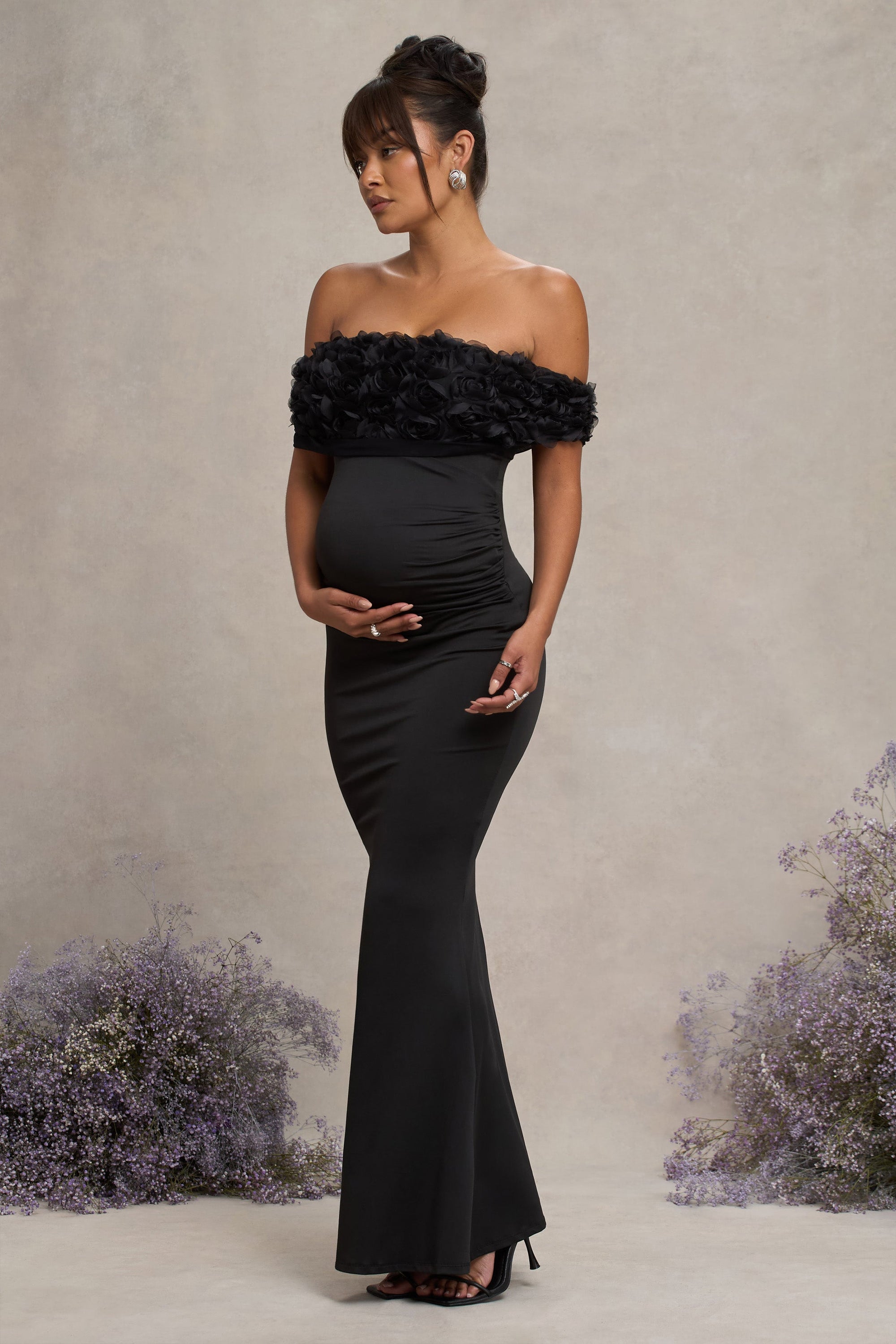 Inflorescence | Zwarte Mesh Bloemen Bardot Zwangerschaps Maxi Jurk