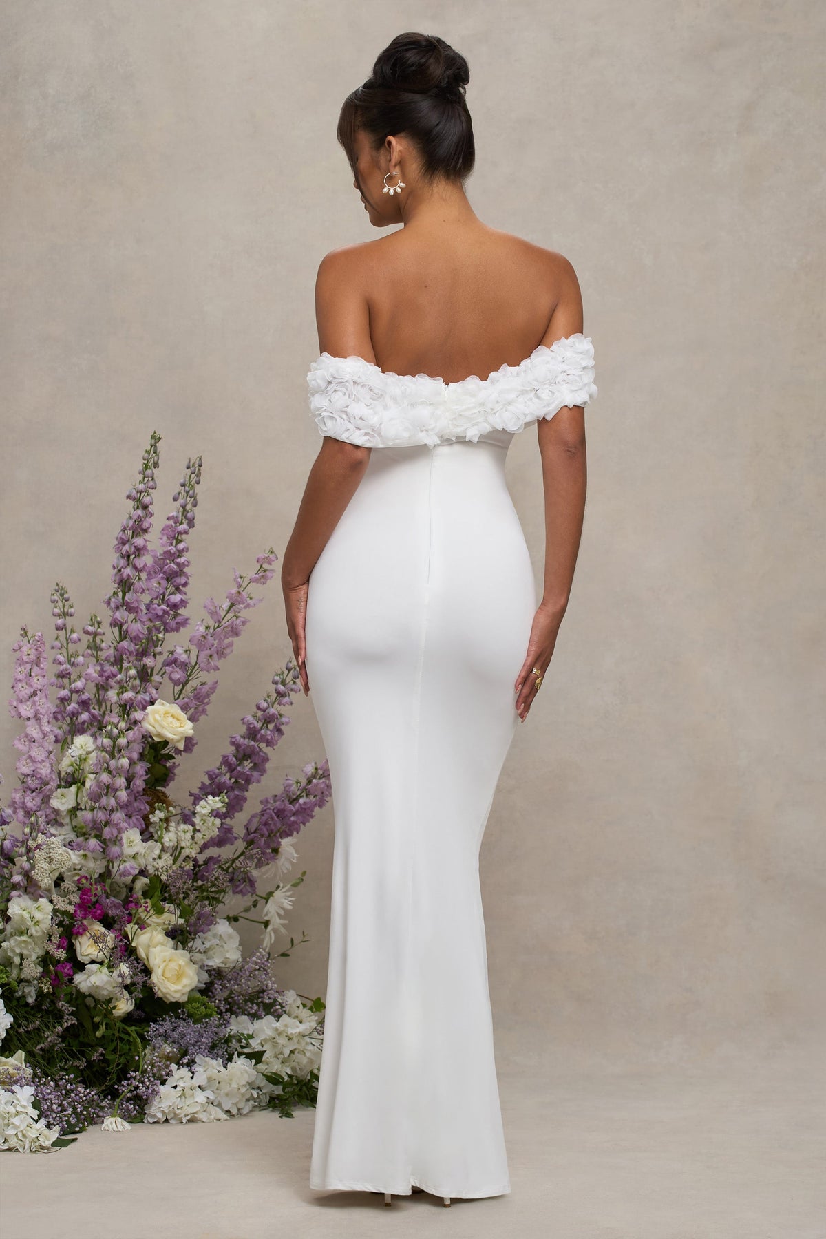 Inflorescence | Witte Mesh Bloemen Bardot Zwangerschaps Maxi Jurk