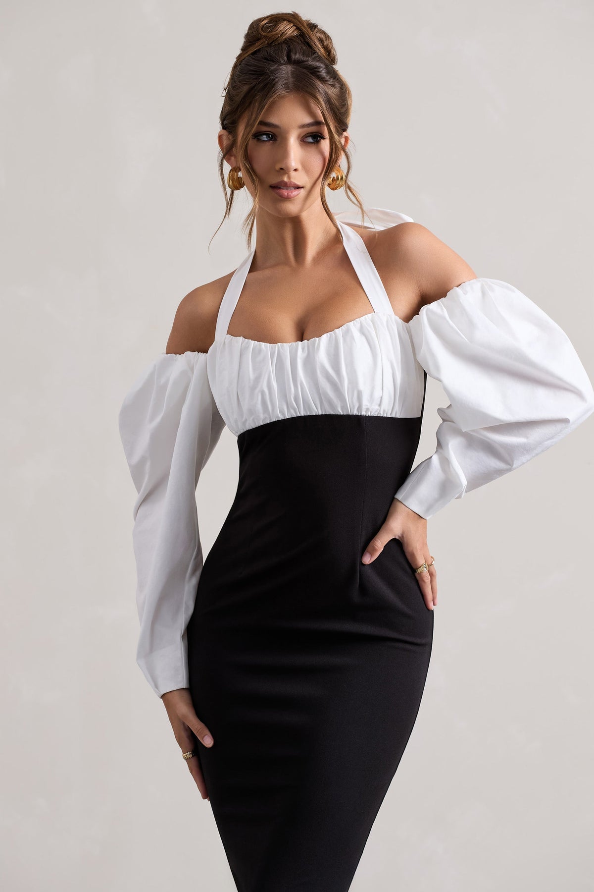 Couture Client | Zwarte Halternek Midi Jurk Met Pof Mouwen