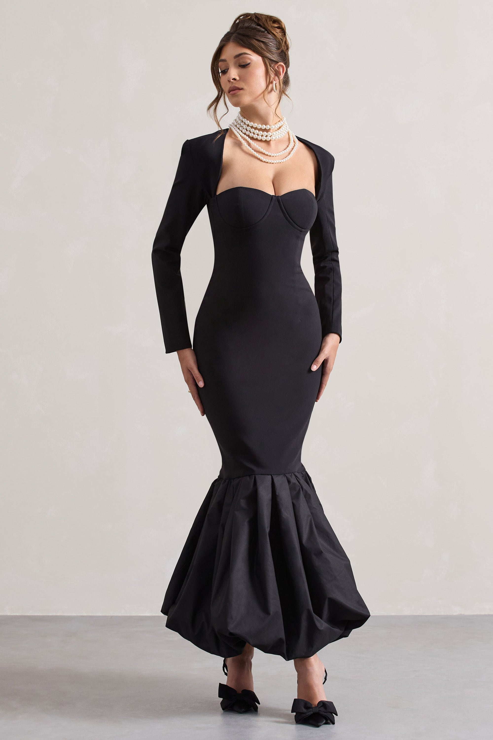 London | Zwarte Sweetheart Maxi Jurk met Volumineuze Zoom