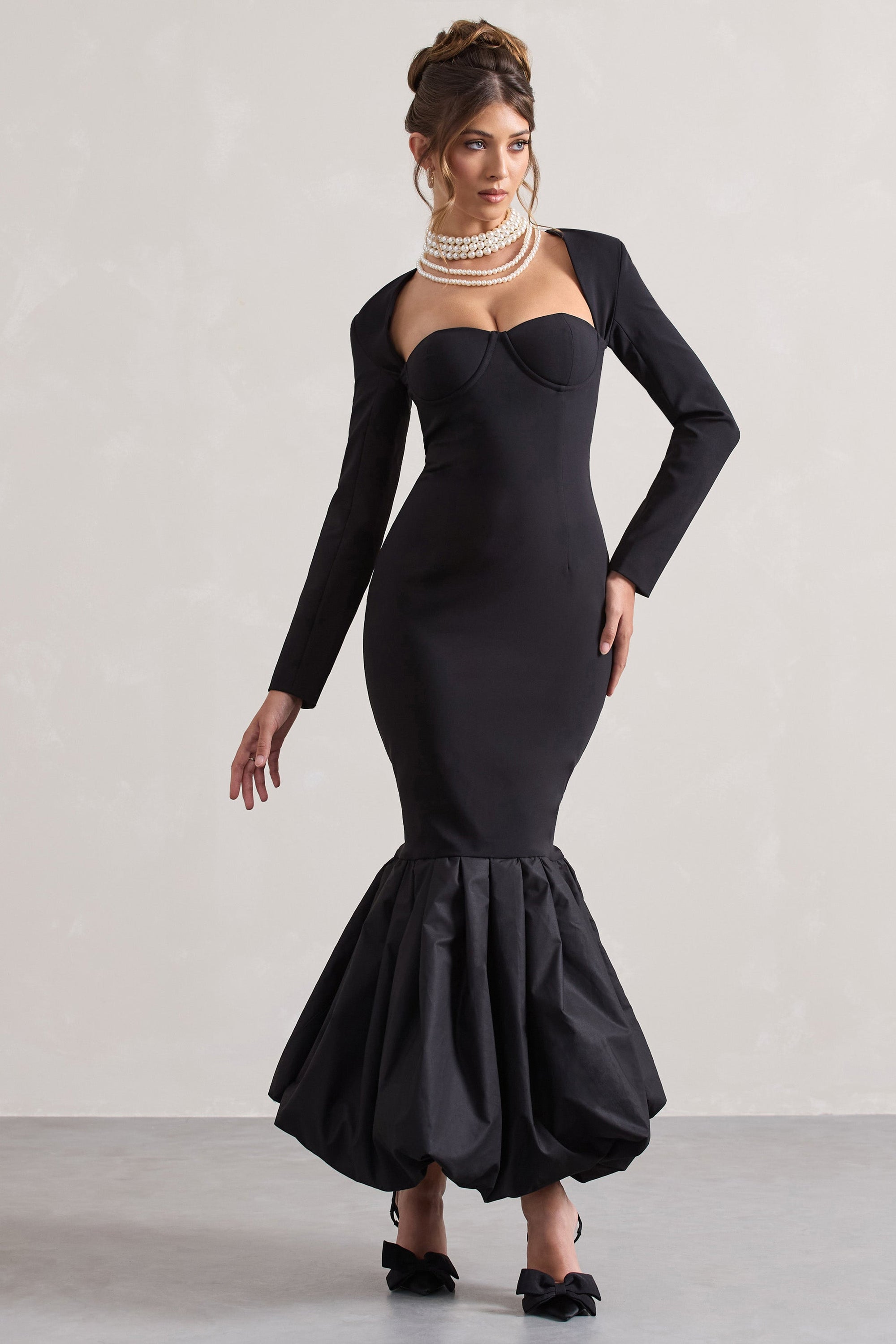 London | Zwarte Sweetheart Maxi Jurk met Volumineuze Zoom