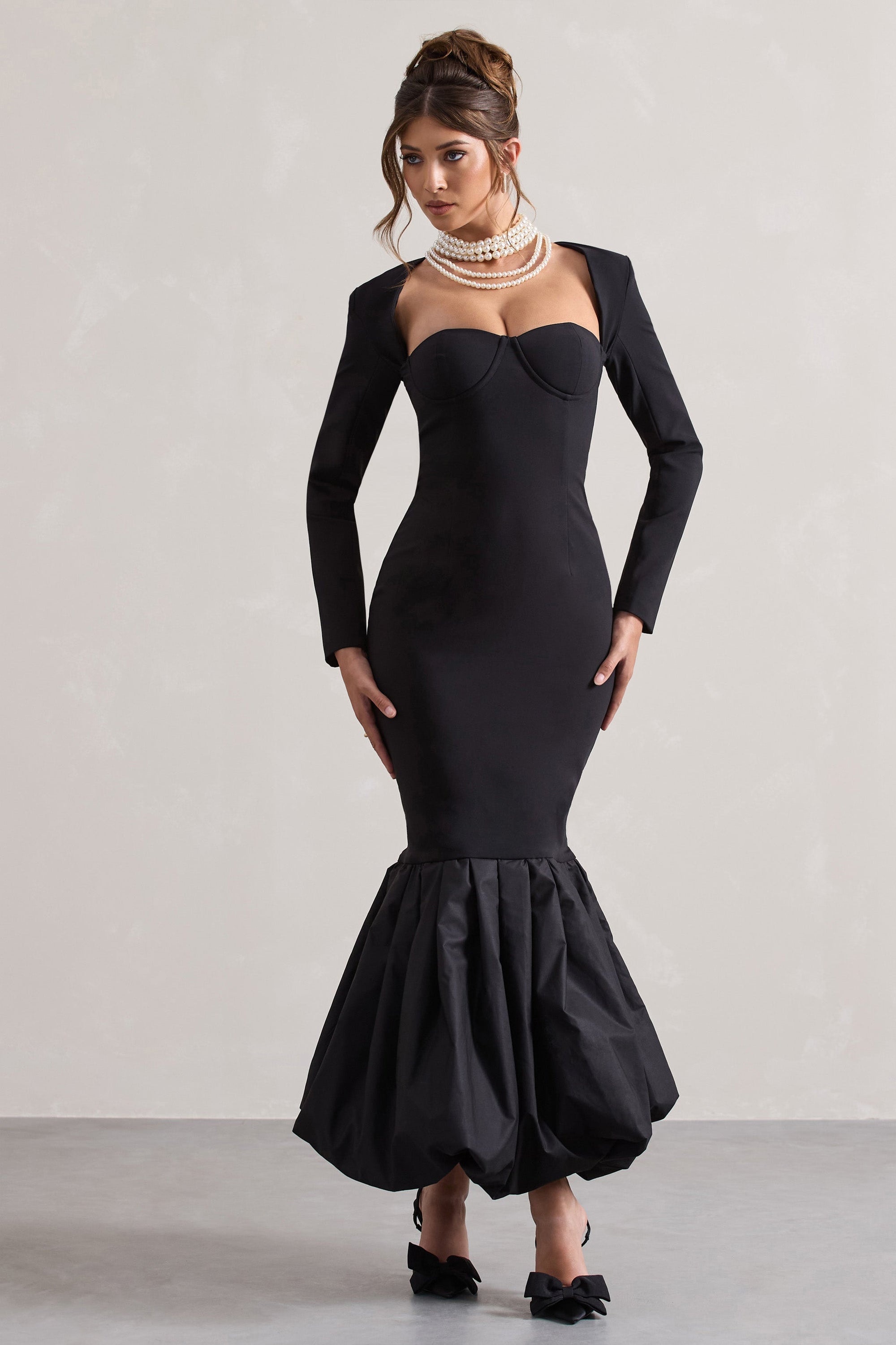 London | Zwarte Sweetheart Maxi Jurk met Volumineuze Zoom