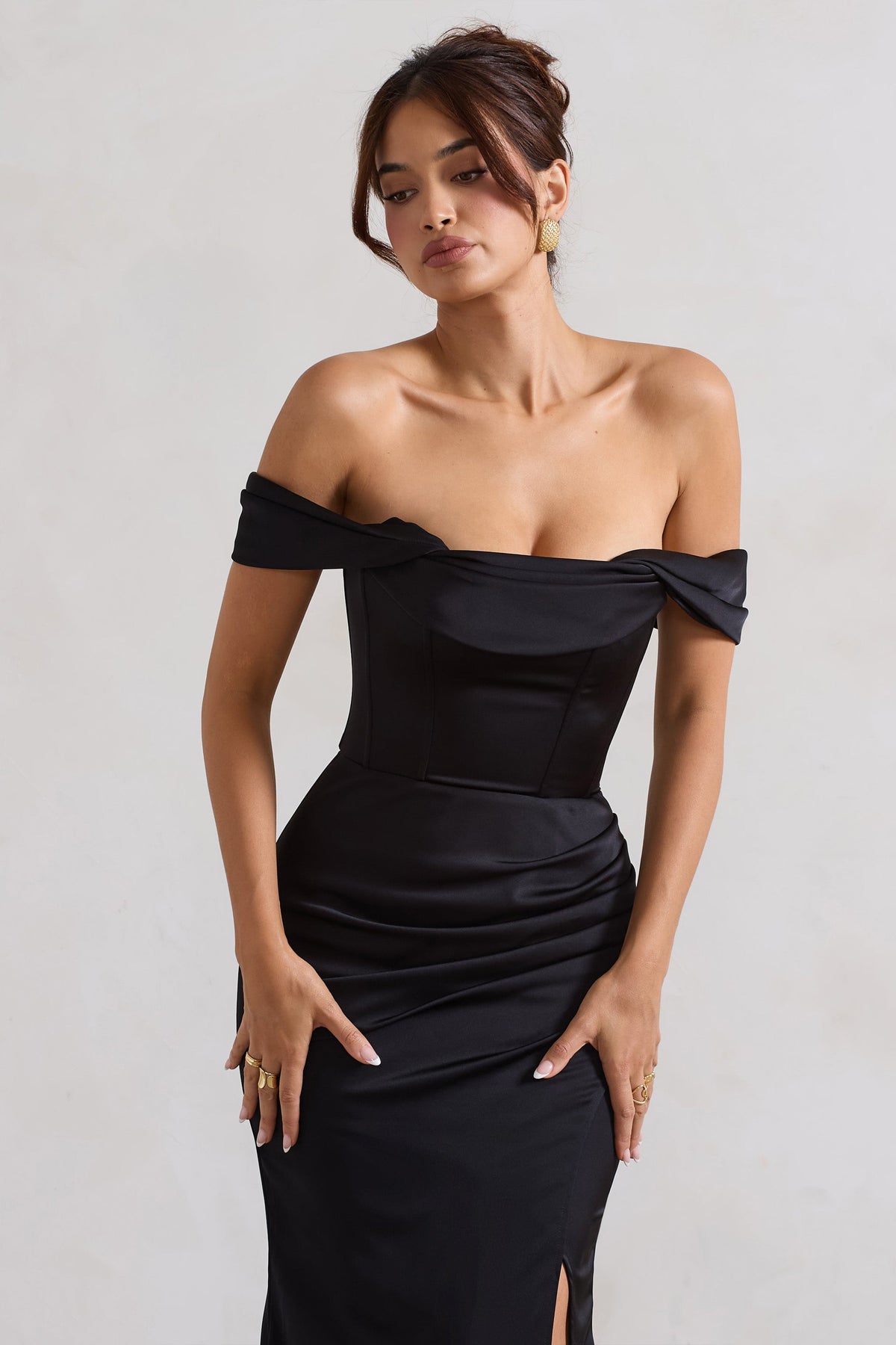 Kimberly | Black Bardot Satin Maxi Dress
