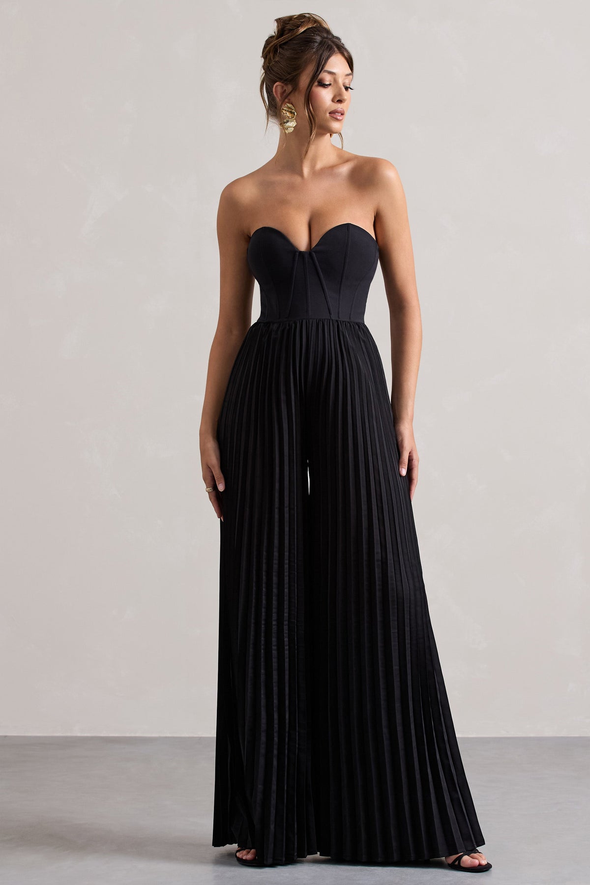 Lorelai | Zwart Korset Plissé Jumpsuit Met Wijde Pijpen