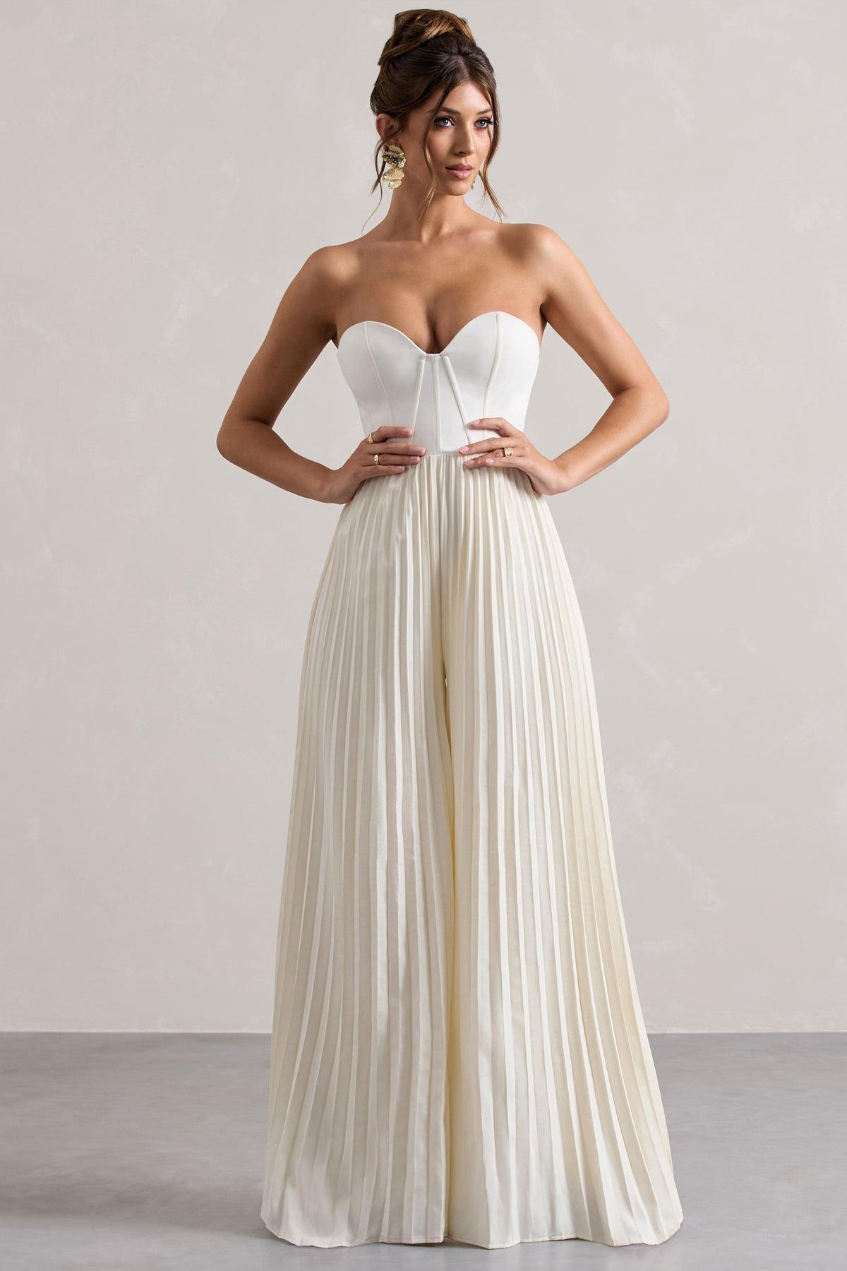 Lorelai | Crème Korset Plissé Jumpsuit Met Wijde Pijpen