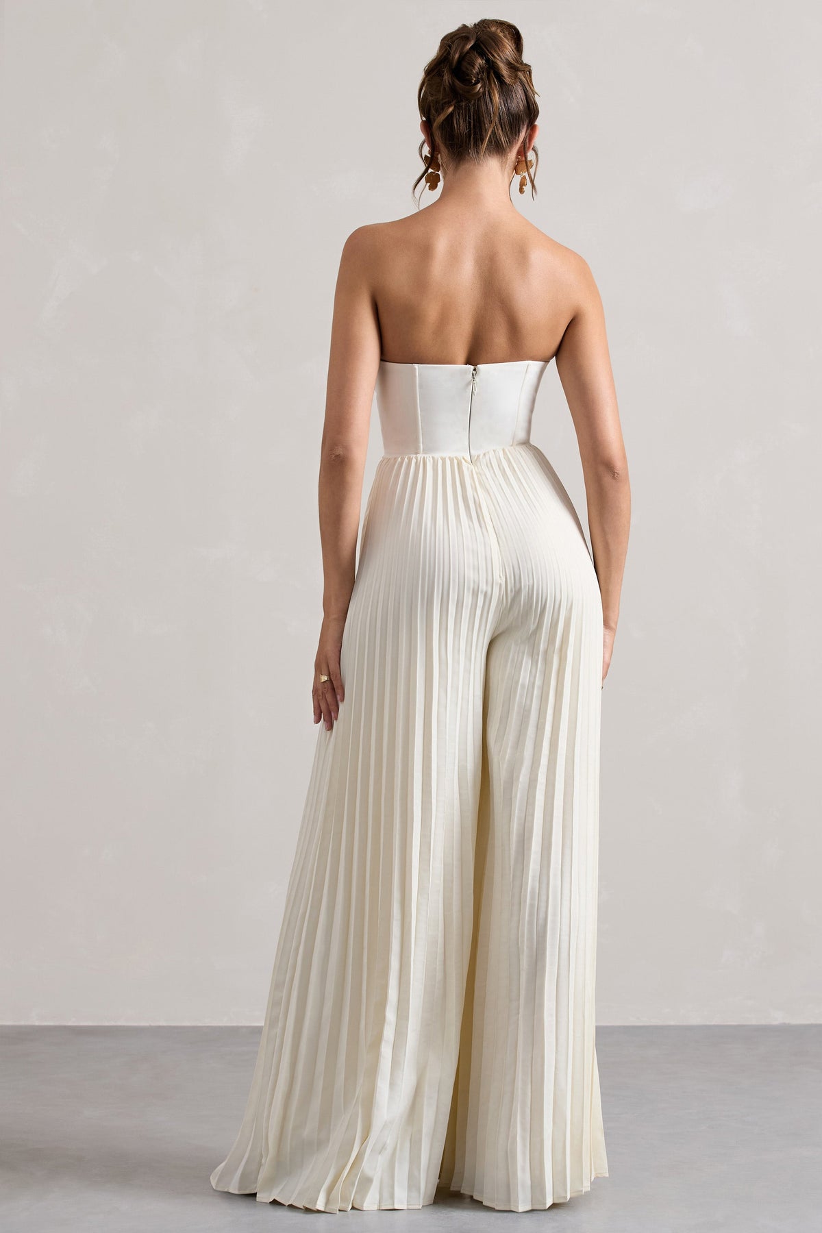 Lorelai | Crème Korset Plissé Jumpsuit Met Wijde Pijpen