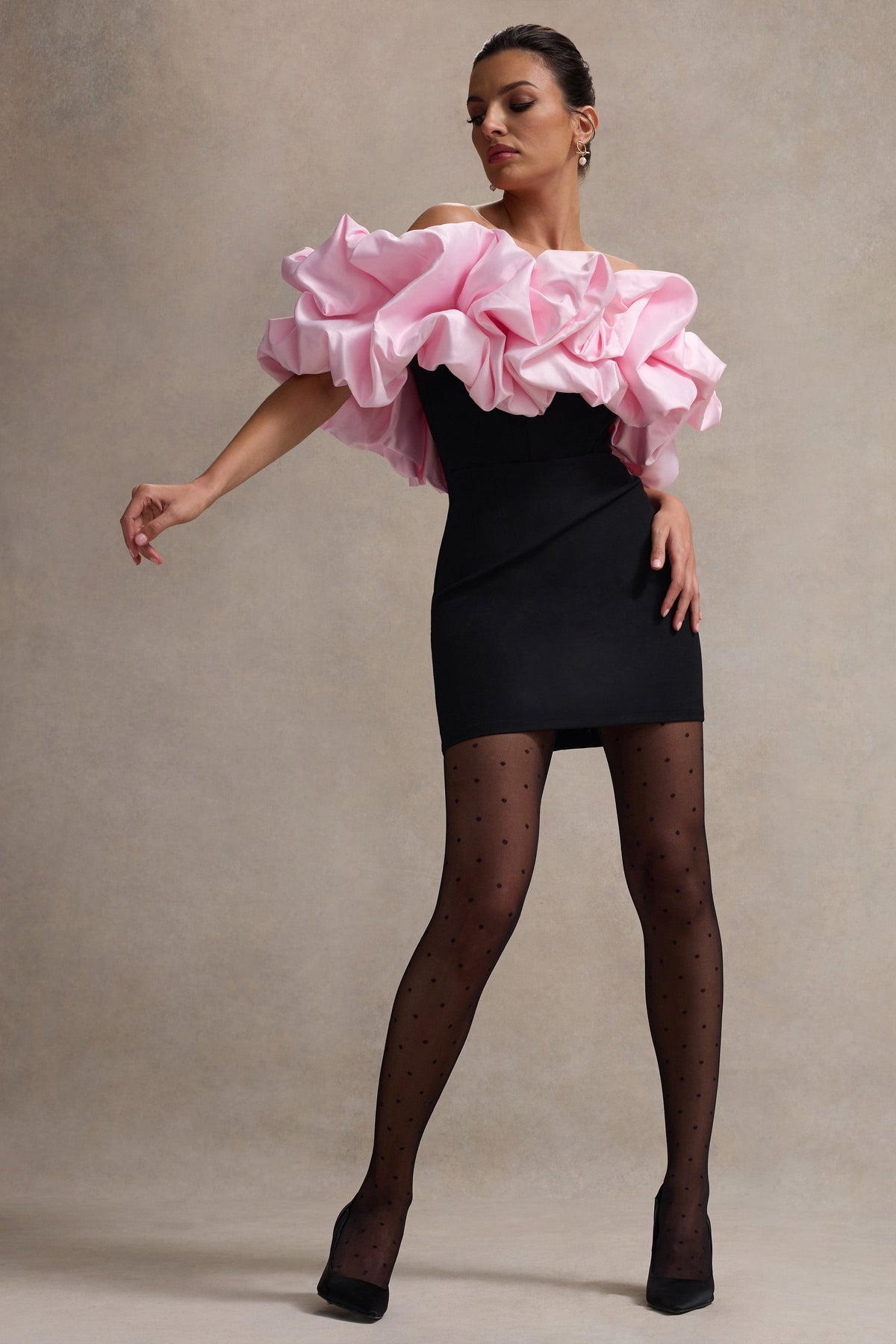 WB_HR_CL134588241-MacaronBlackBardotMiniDressWithPinkRuffleTrim2