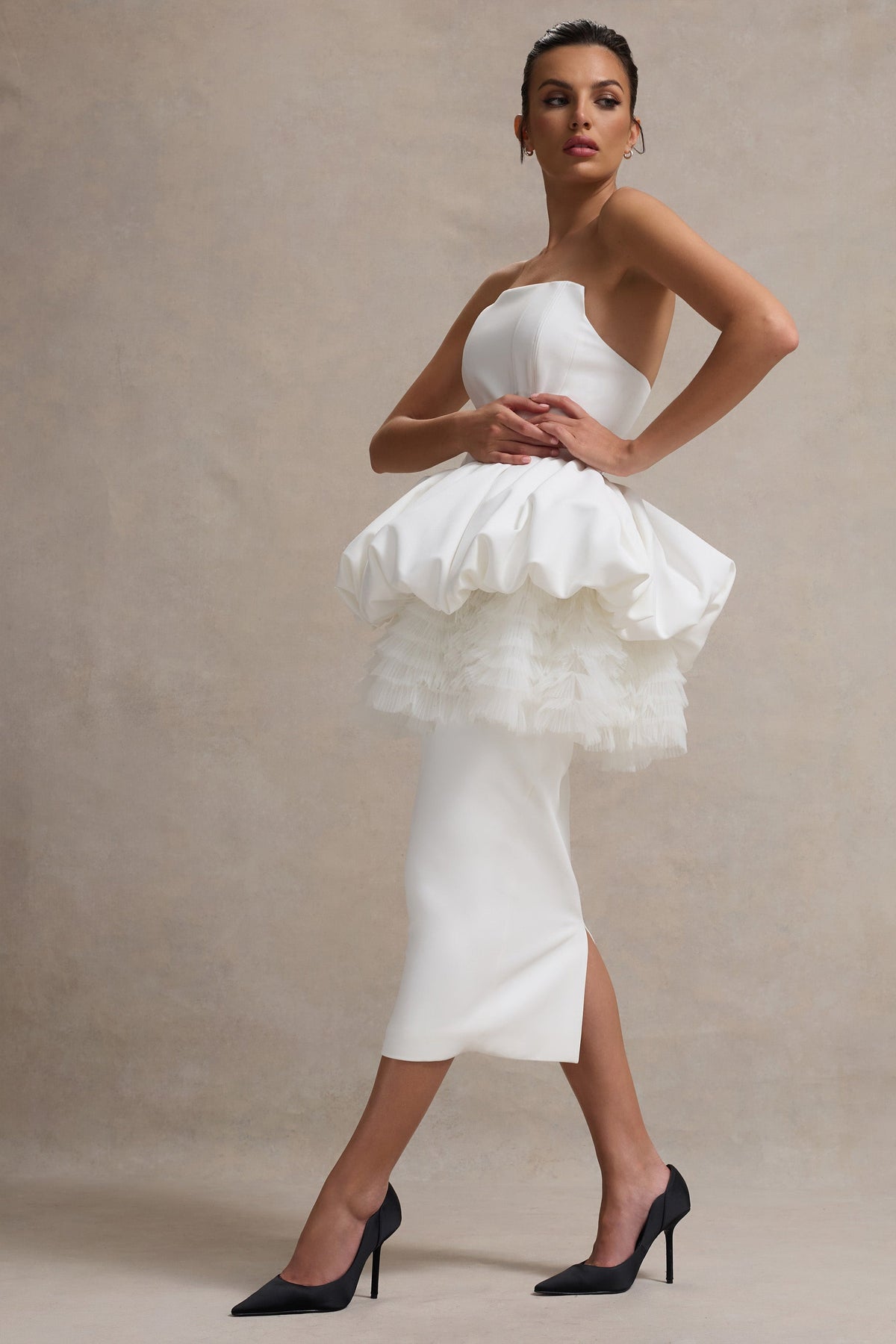 Jones | Witte Strapless Midi Jurk Met peplum Taille