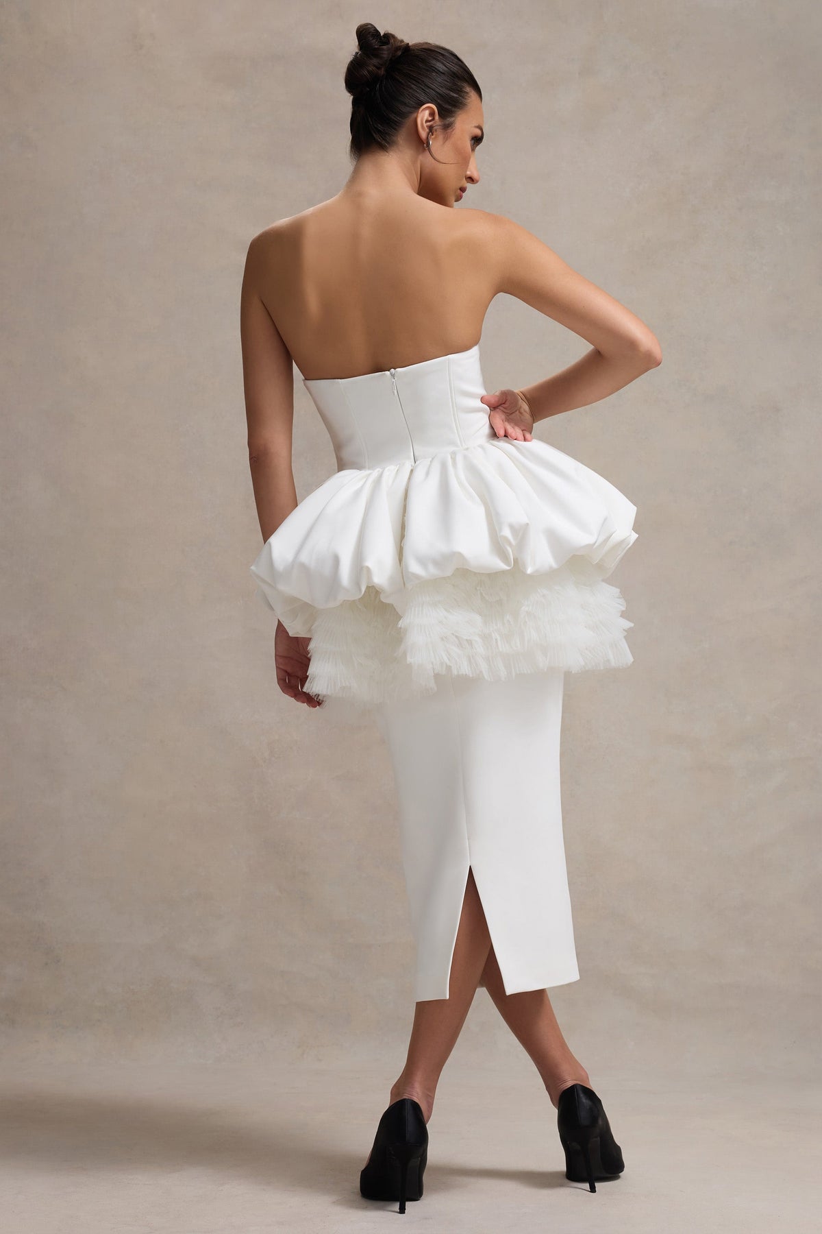 Jones | Witte Strapless Midi Jurk Met peplum Taille