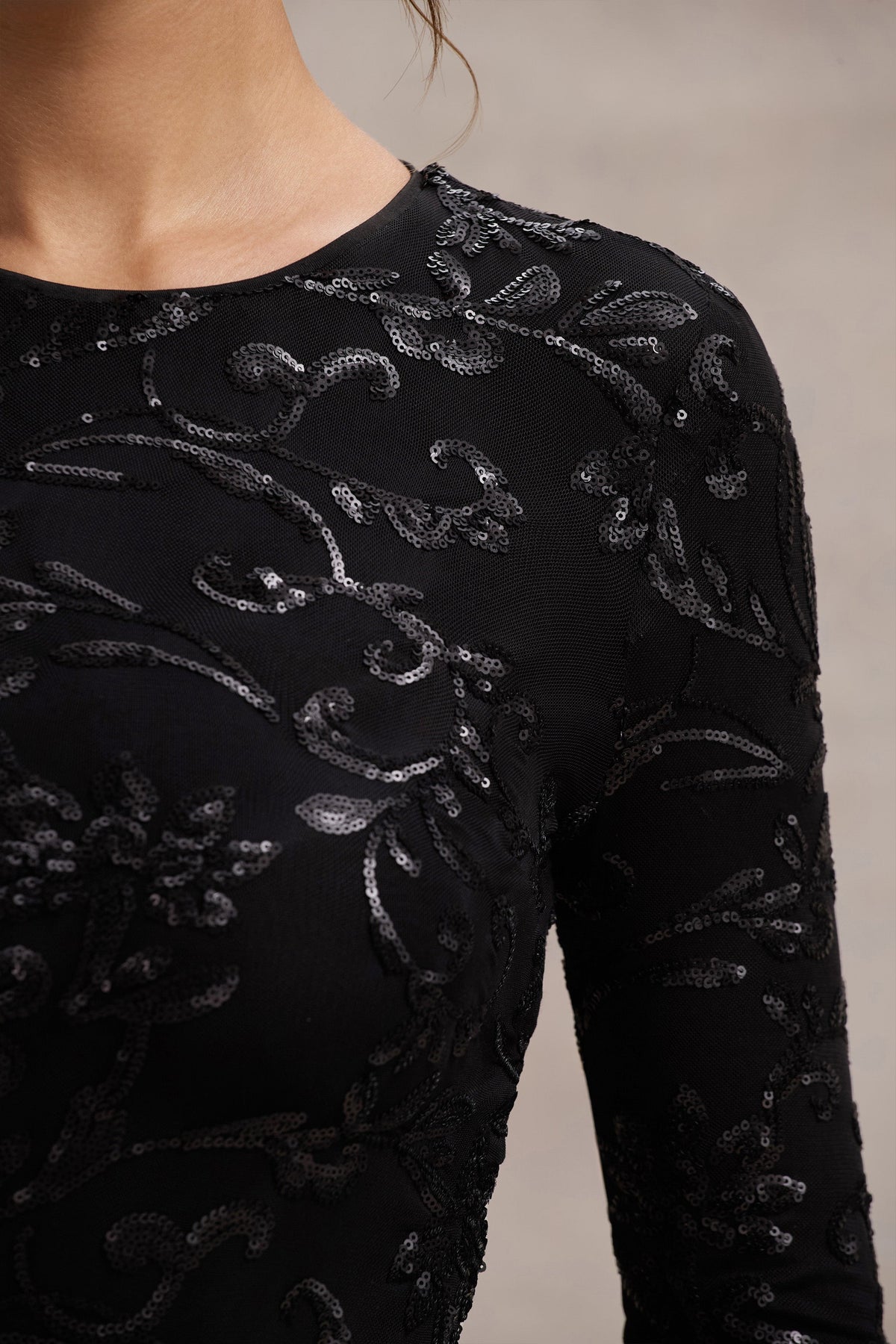 Zenith | Zwarte Kanten Maxi Jurk Met Lange Mouwen