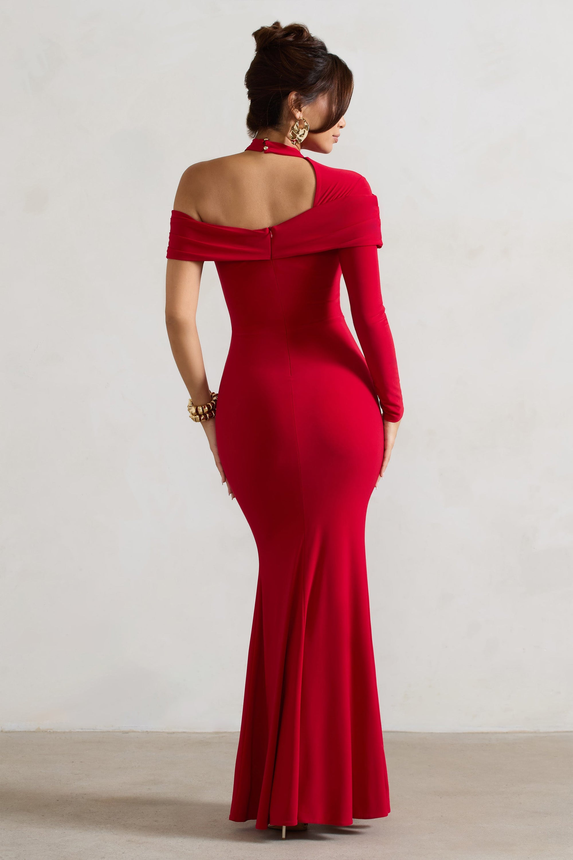 Tyla | Rode Asymmetrisch Hoge Hals Maxi Jurk Met Split