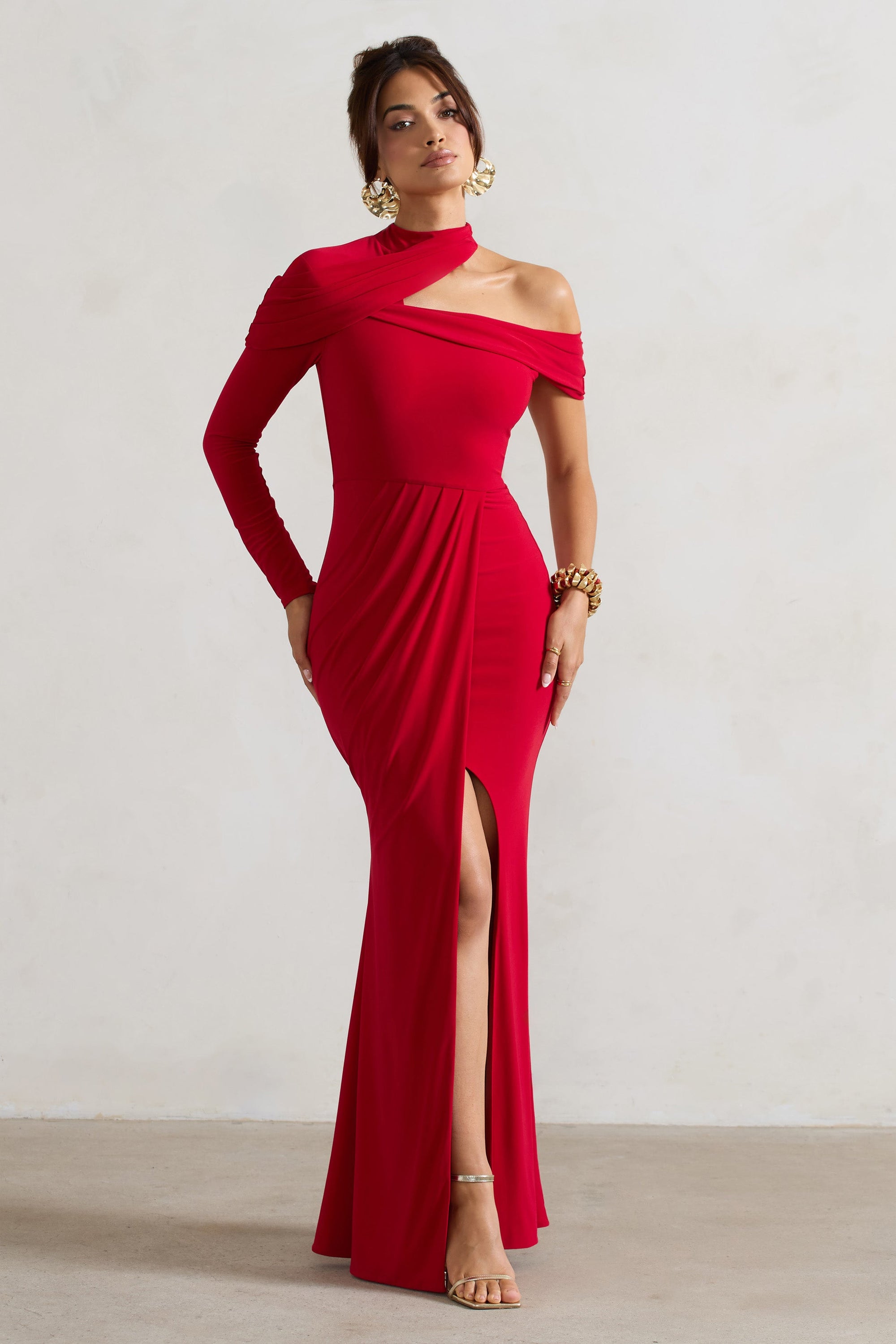 Tyla | Rode Asymmetrisch Hoge Hals Maxi Jurk Met Split