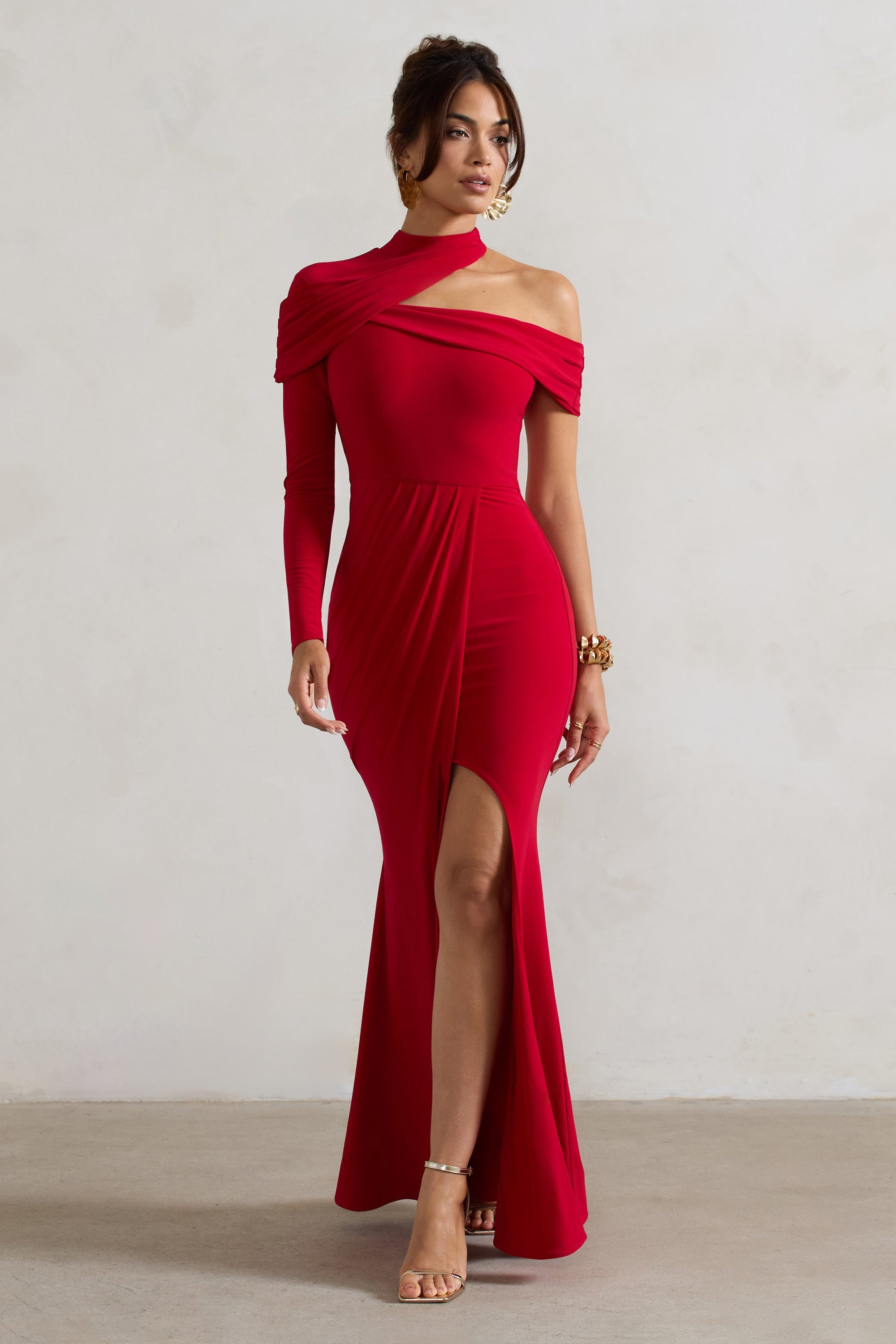 Tyla | Rode Asymmetrisch Hoge Hals Maxi Jurk Met Split