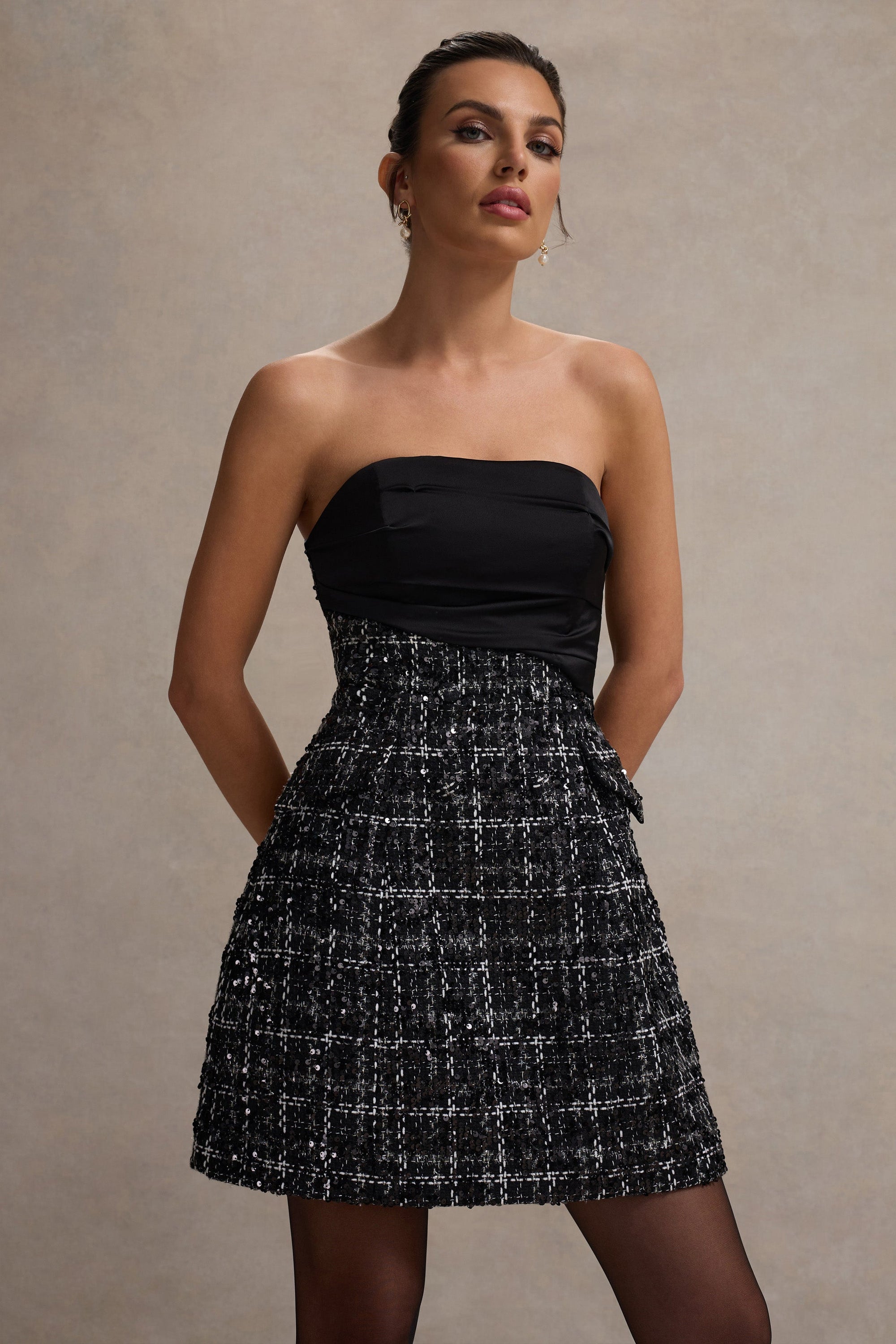 Park Avenue | Zwarte Boucle Strapless Getailleerd Mini Jurk