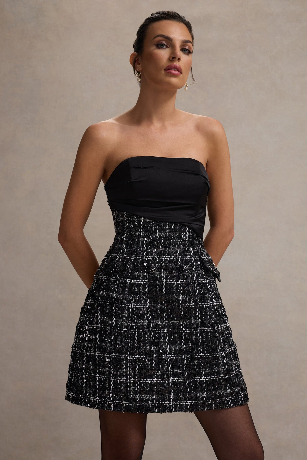 Park Avenue | Zwarte Boucle Strapless Getailleerd Mini Jurk