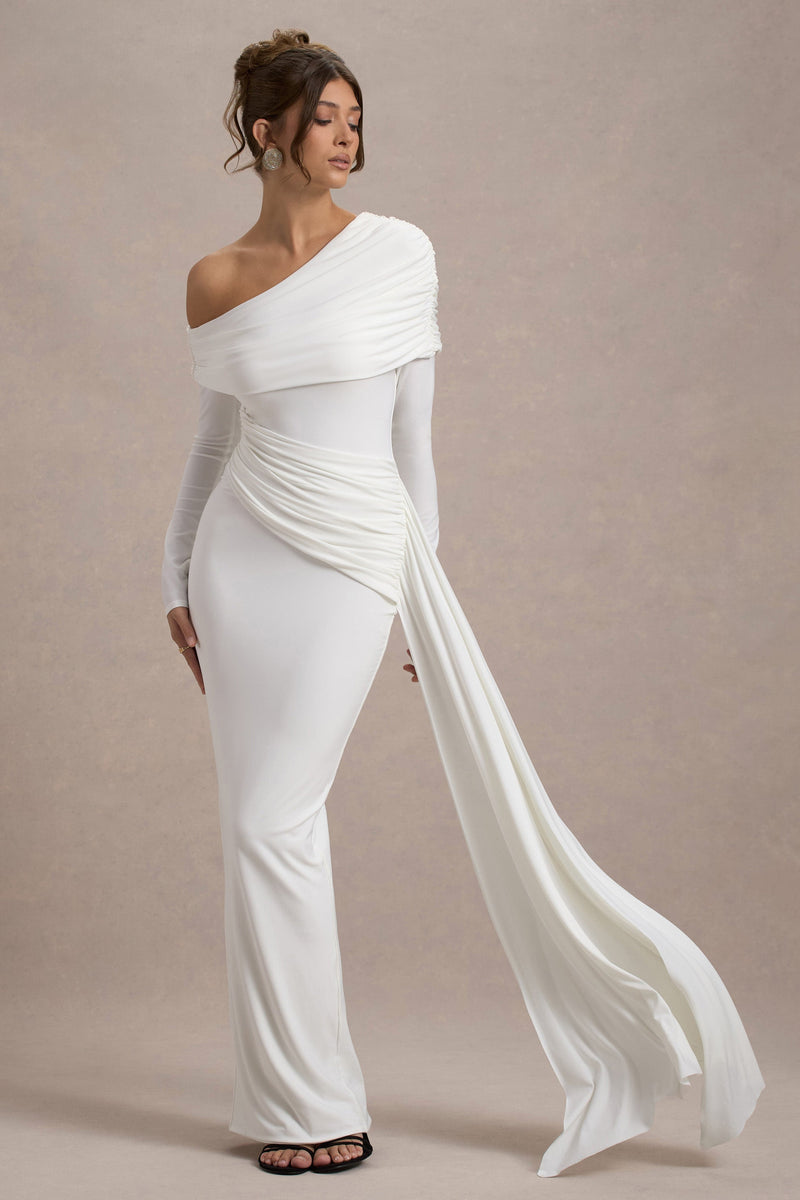 Valina | Witte Gerimpeld Asymmetrische Maxi Jurk Met Drapering