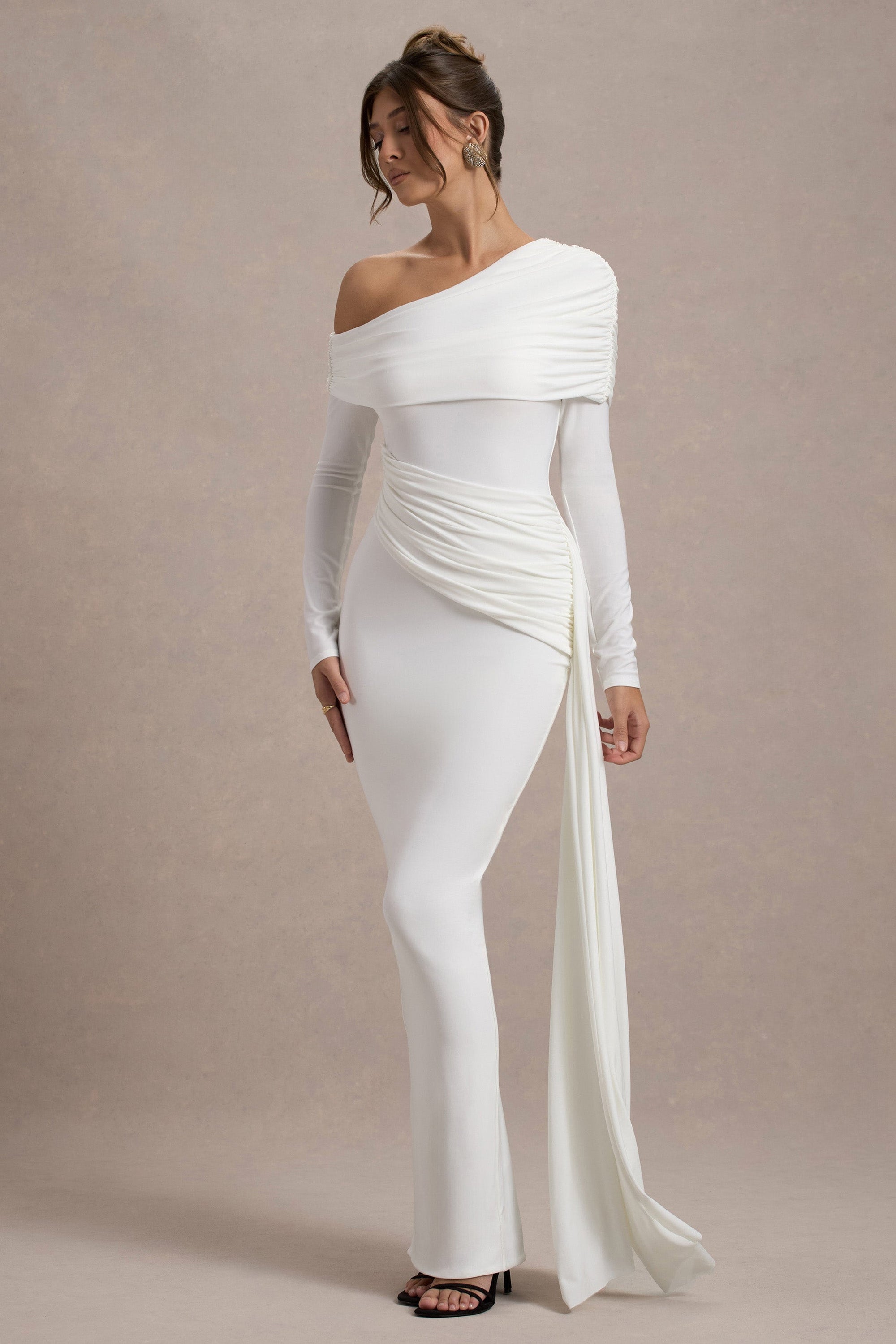 Valina | Witte Gerimpeld Asymmetrische Maxi Jurk Met Drapering