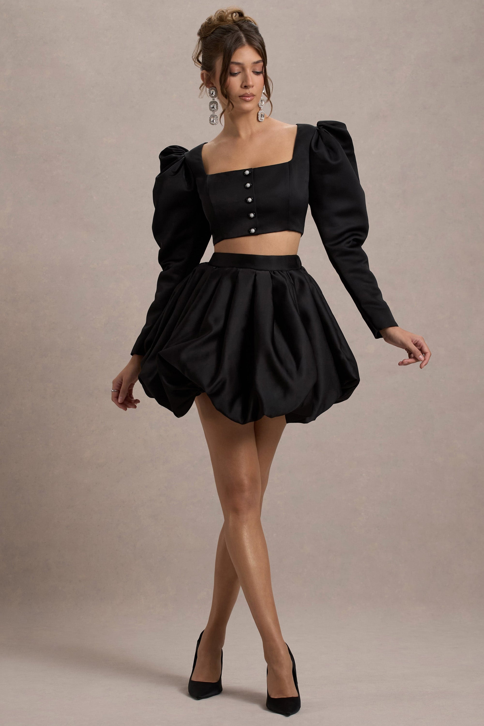 Tosca | Zwarte Satijnen Mini Rok Met Bubbel Zoom