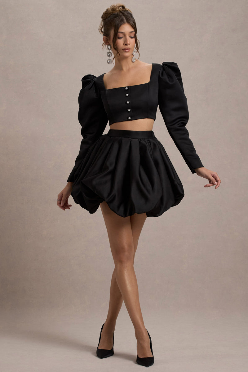 Tosca | Zwarte Satijnen Mini Rok Met Bubbel Zoom