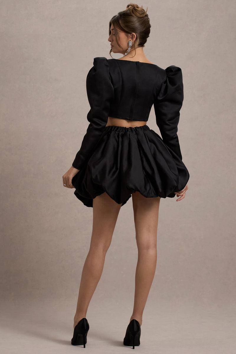 Tosca | Zwarte Satijnen Mini Rok Met Bubbel Zoom
