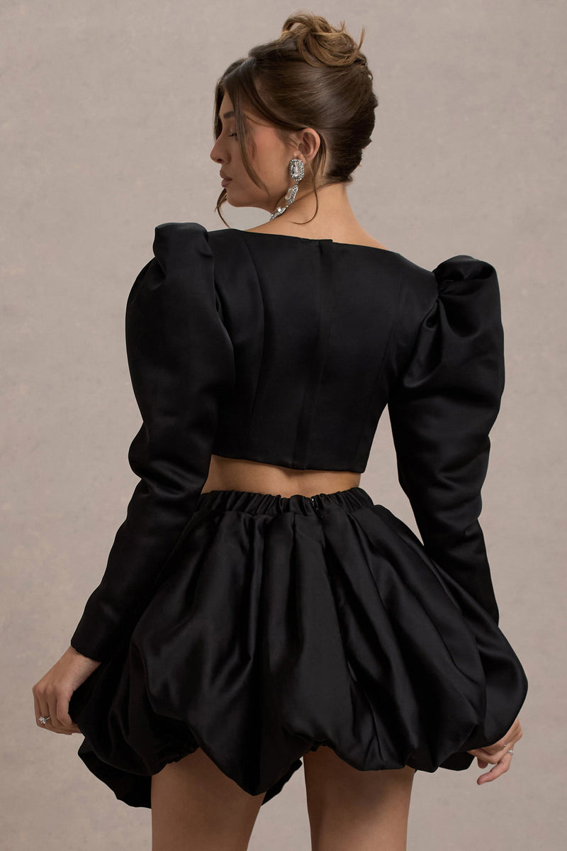 Eloisa | Zwarte Satijnen Cropped Jas Met Puffmouwen