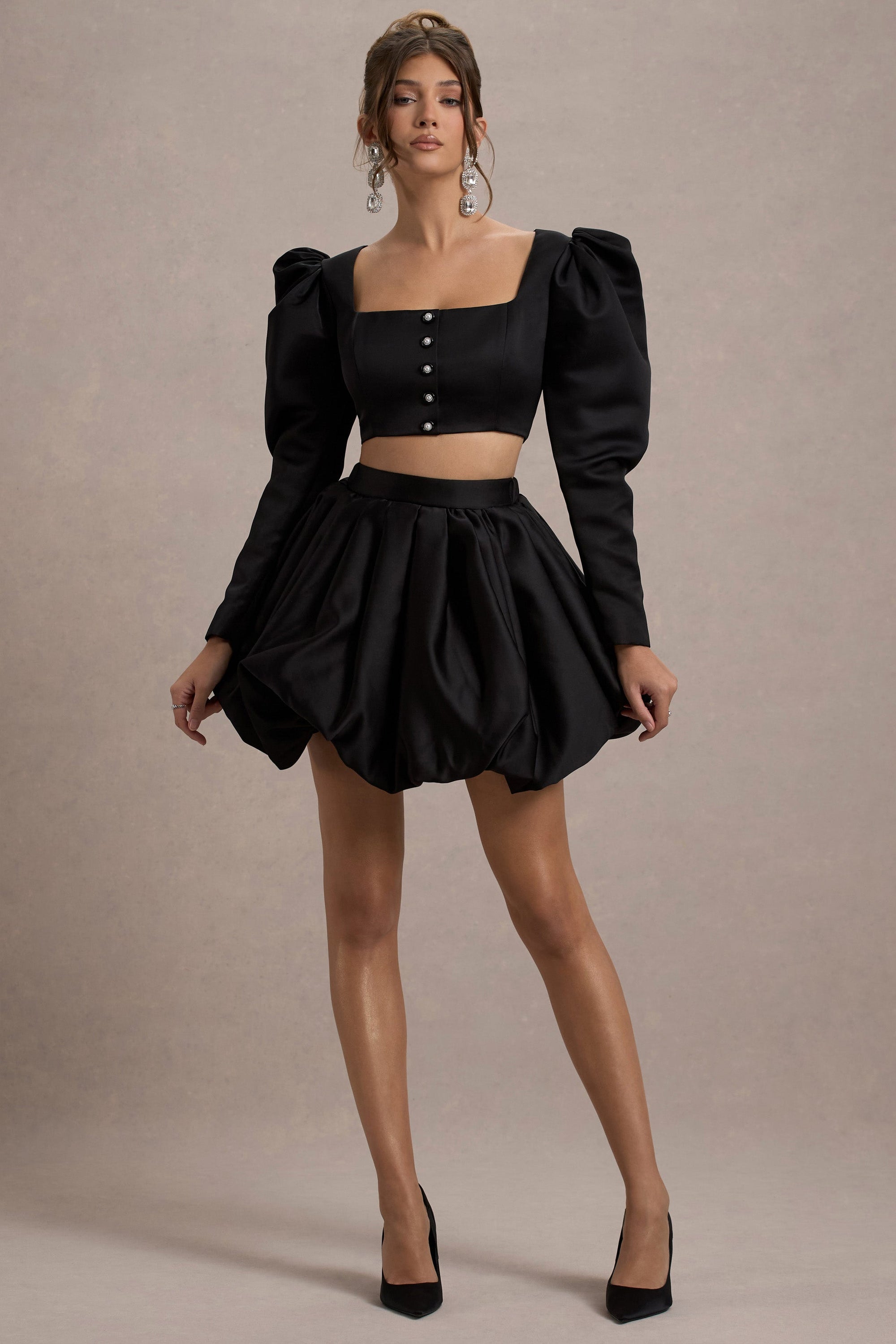 Tosca | Zwarte Satijnen Mini Rok Met Bubbel Zoom