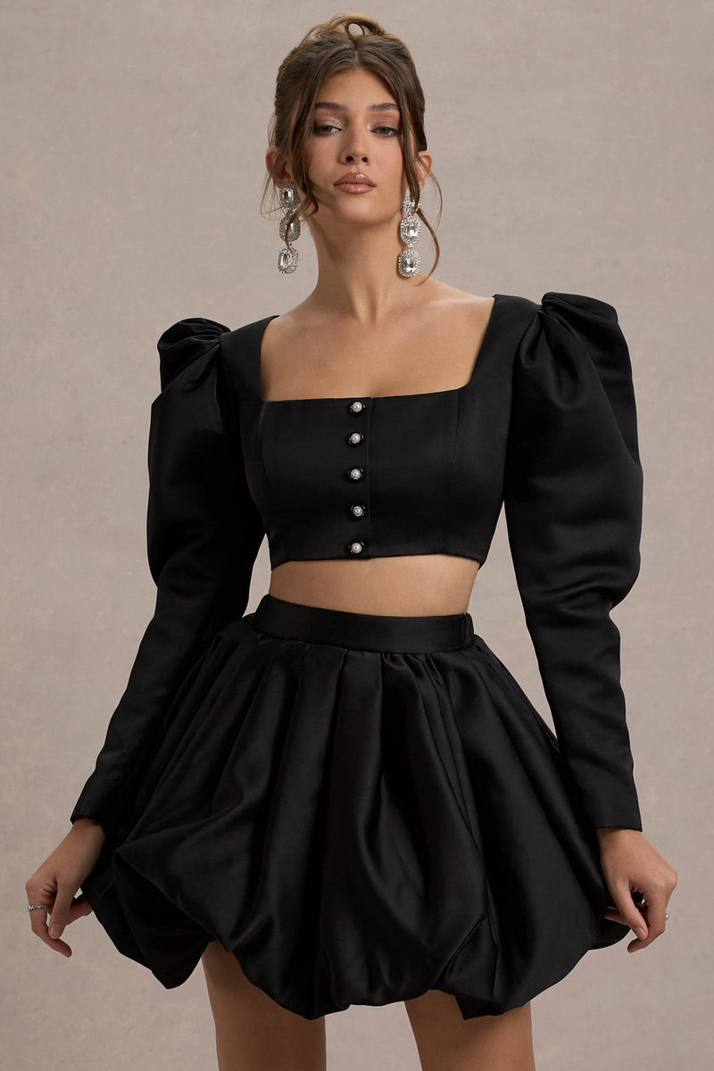 Eloisa | Zwarte Satijnen Cropped Jas Met Puffmouwen
