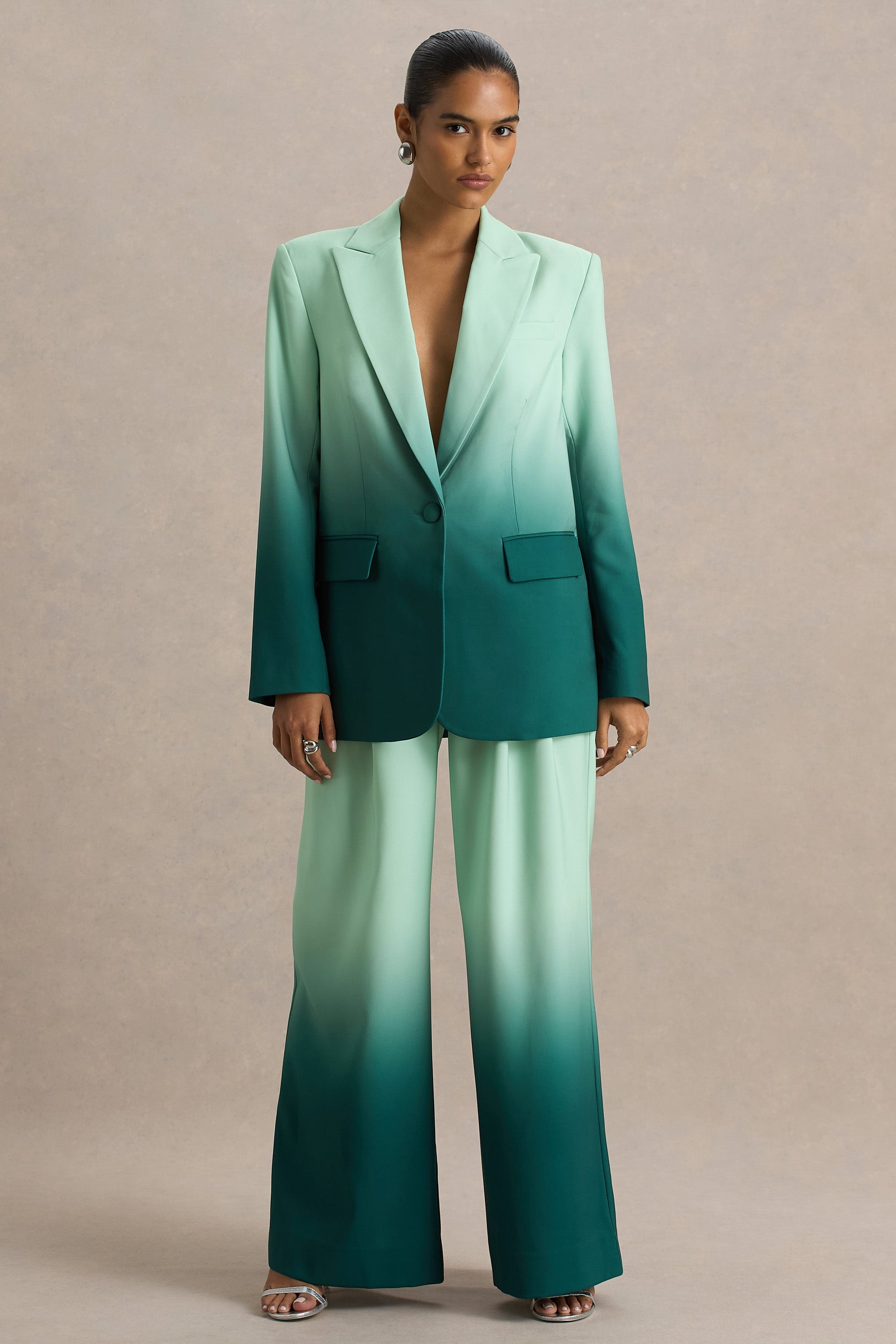 Enya | Smaragdgroene Ombre Diepe V-Hals Satijnen blazer