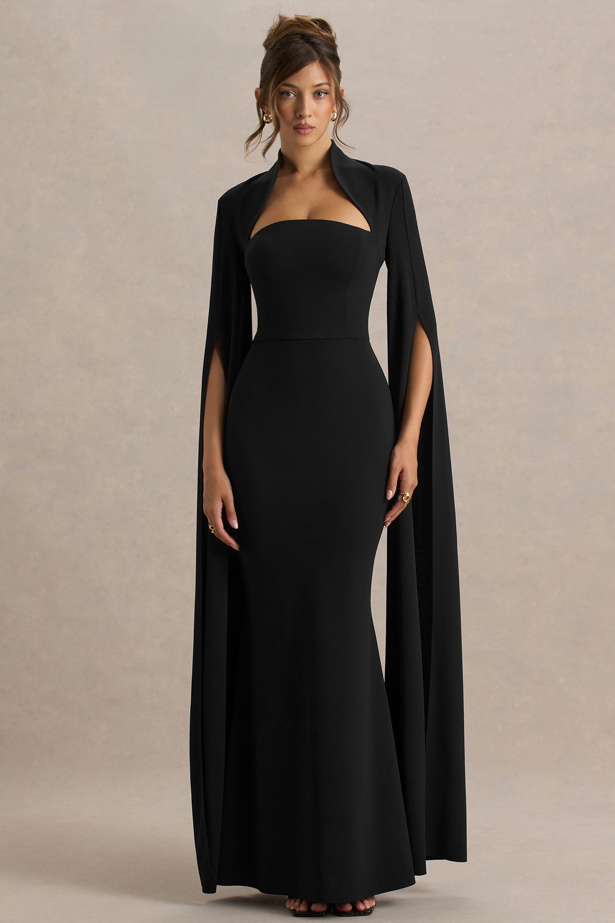 Esme | Zwarte Vierkante Hals Maxi Jurk Met Cape Mouwen