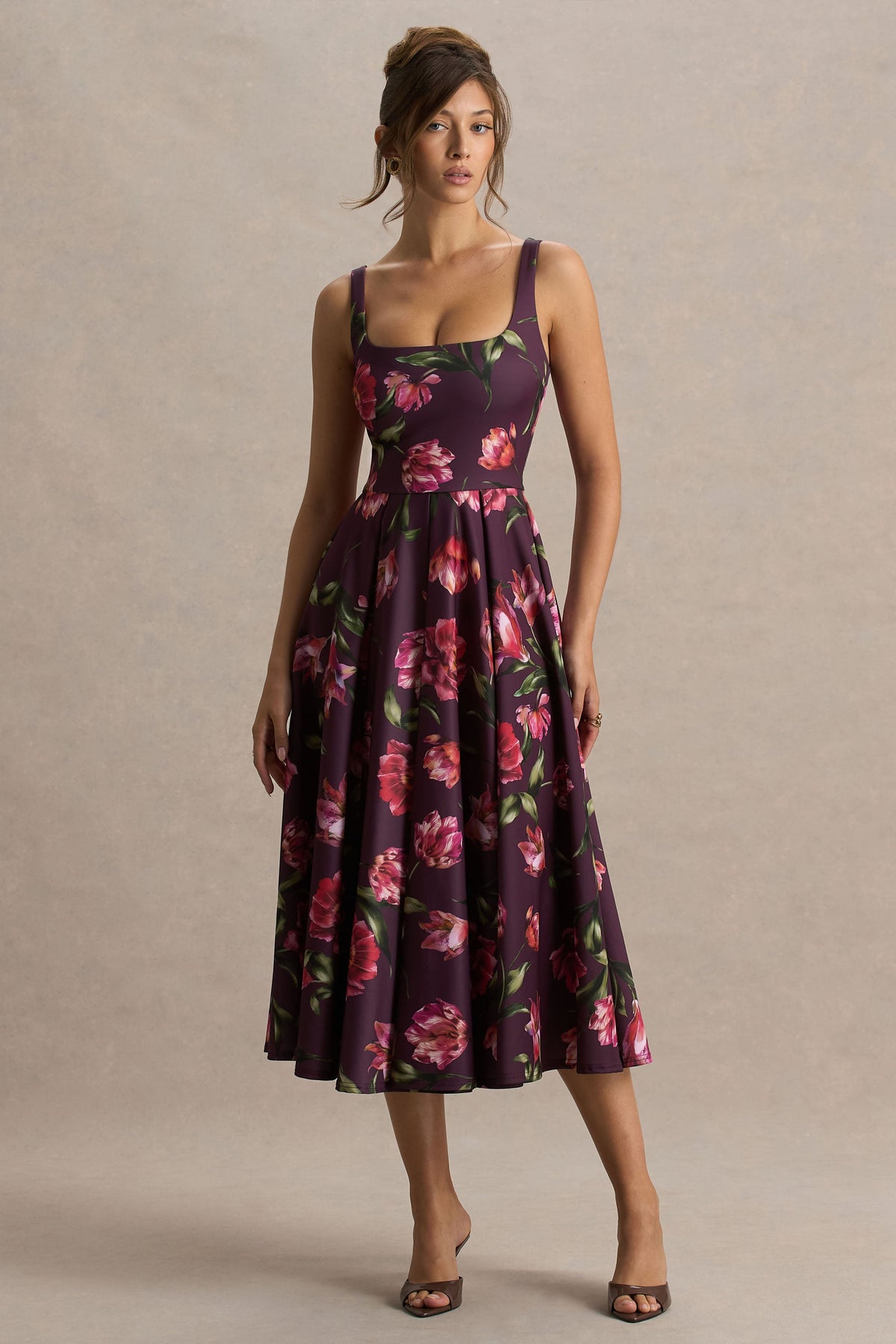 Berta | Bordeaux Bloemenprint Vierkante Hals Middi Jurk