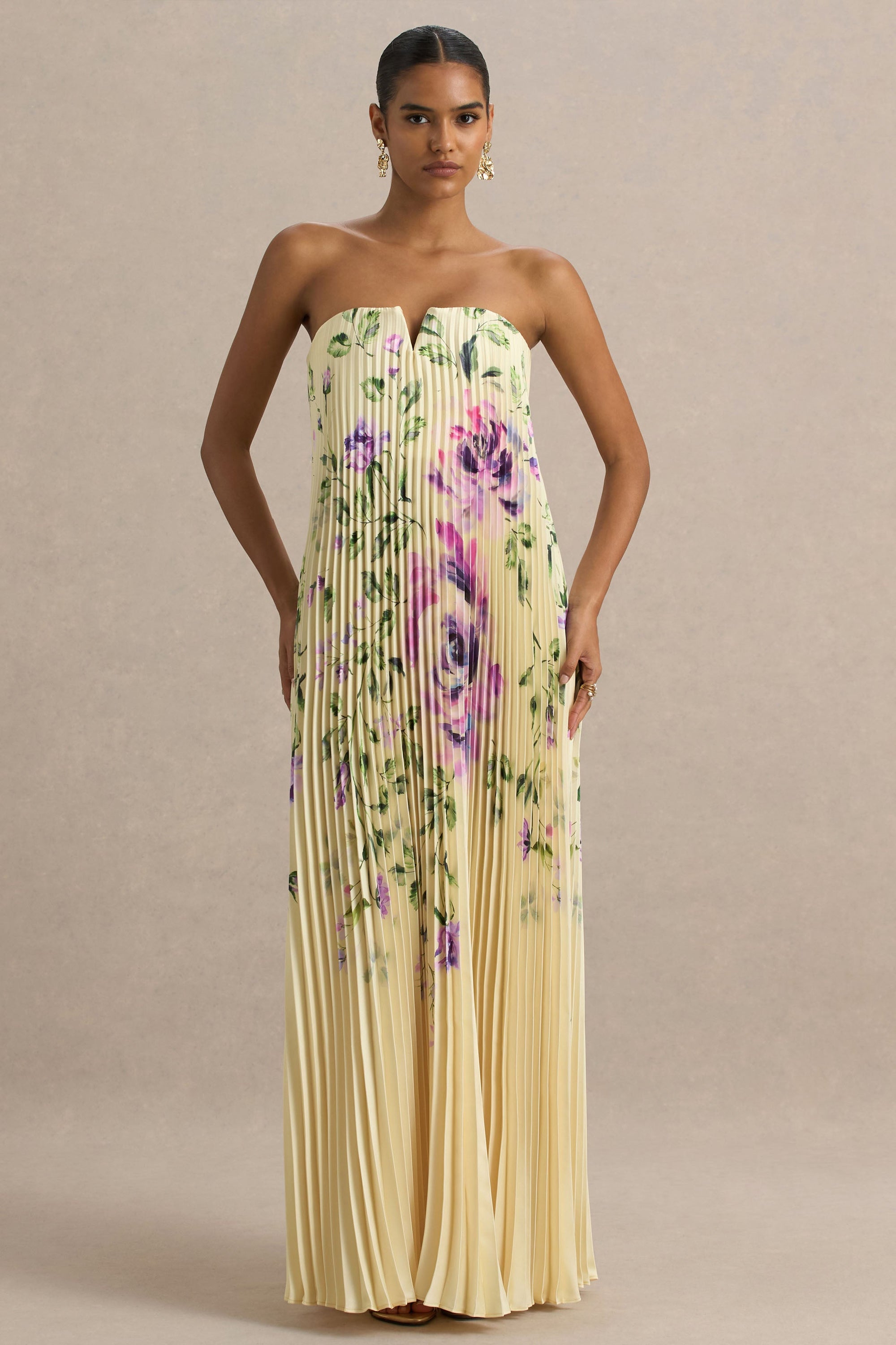 Bergamot | Citroengele Rooz Print Satijnen Maxi Jurk Met Sweetheart Halslijn