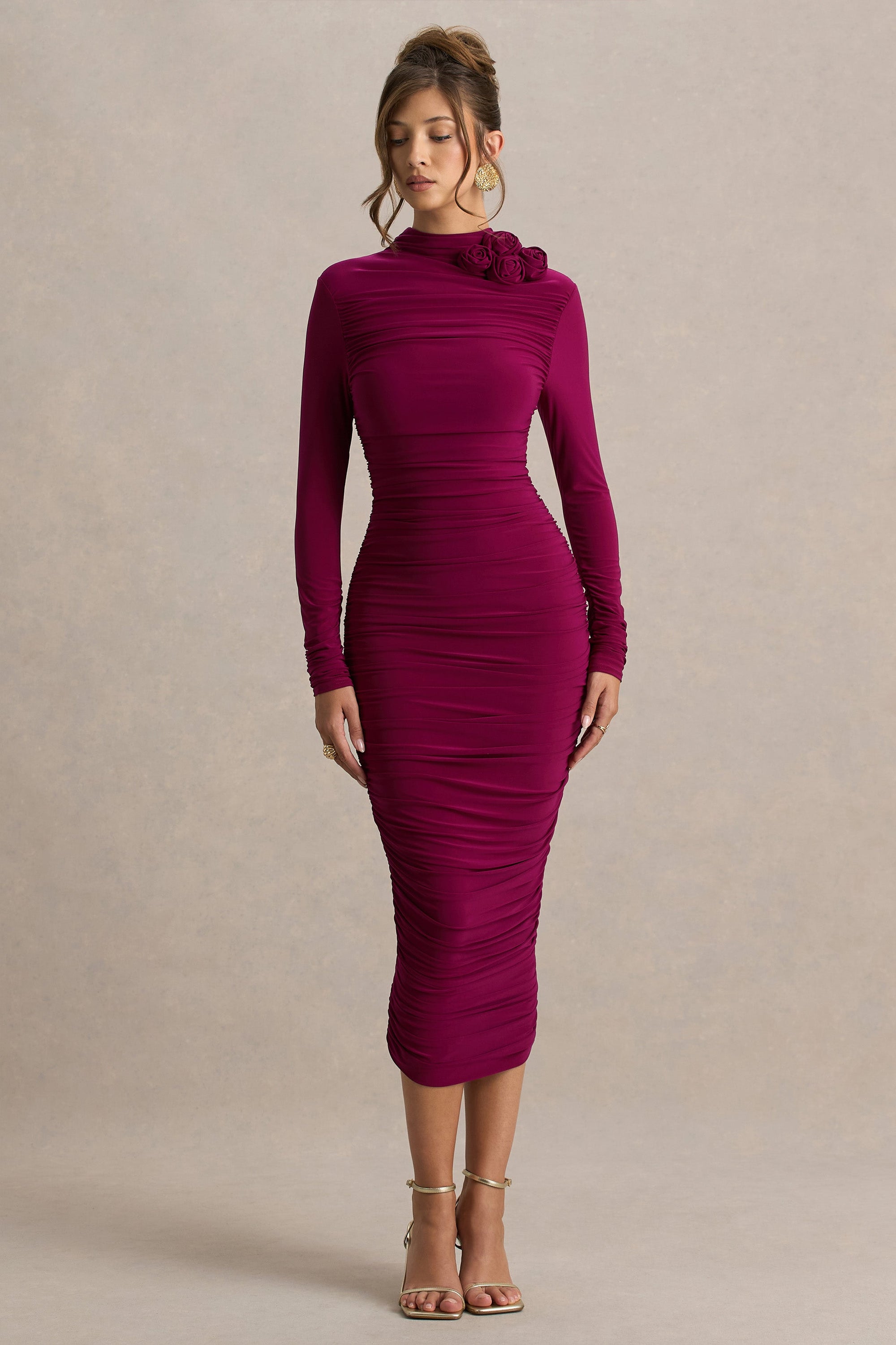 Tamara | Bordeaux Gerimpelde Midi Jurk Met Lang Mouwen