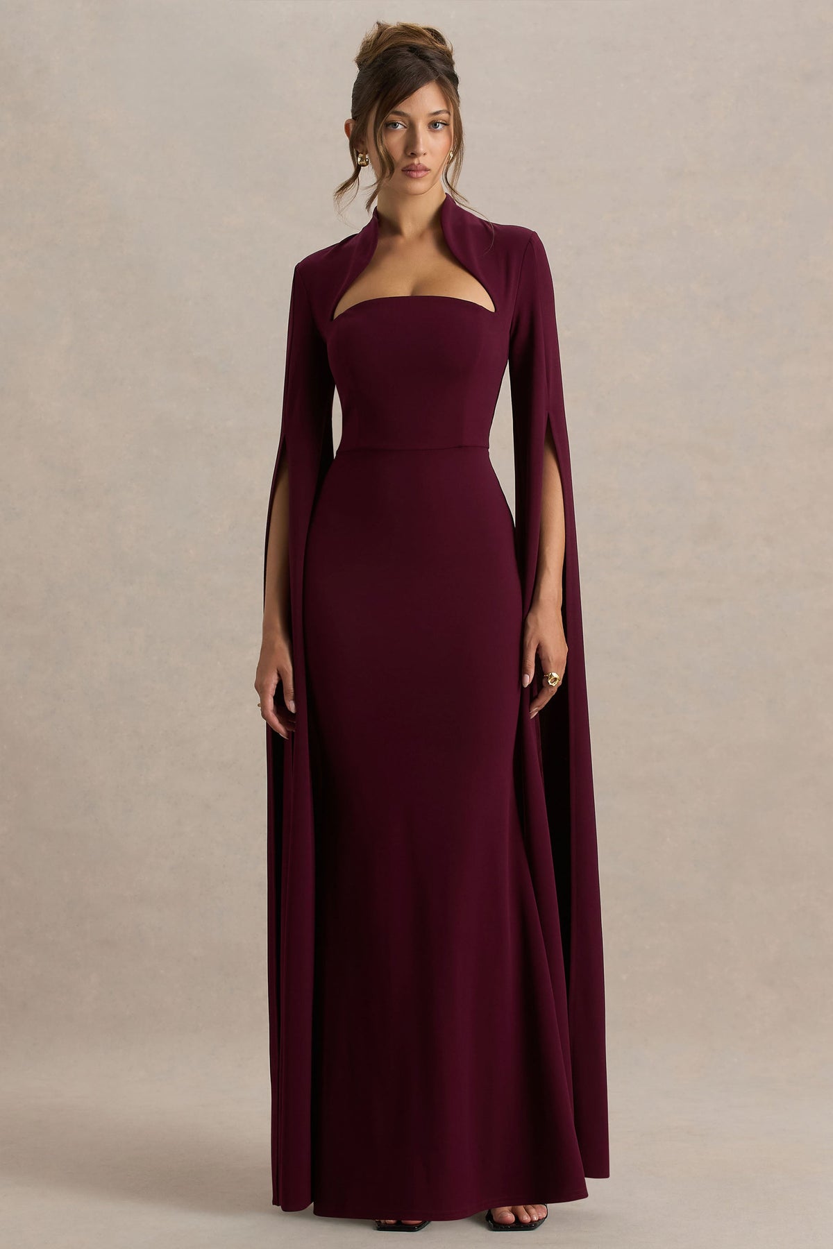 Esme | Bordeaux Vierkante Hals Maxi Jurk Met Cape Mouwen
